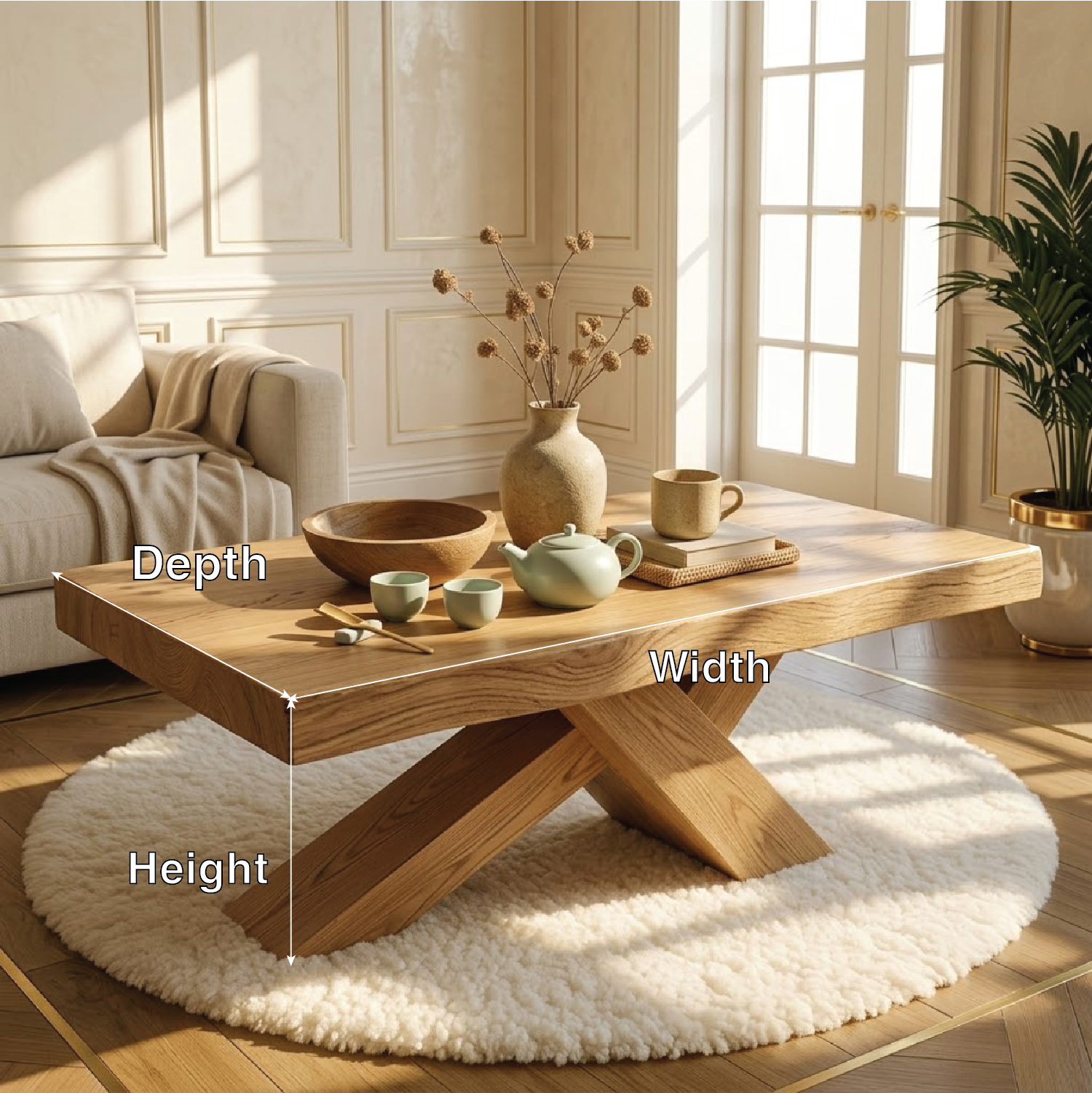 Rustic Solid Wood Coffee Table with X-shaped Legs and Natural Finish