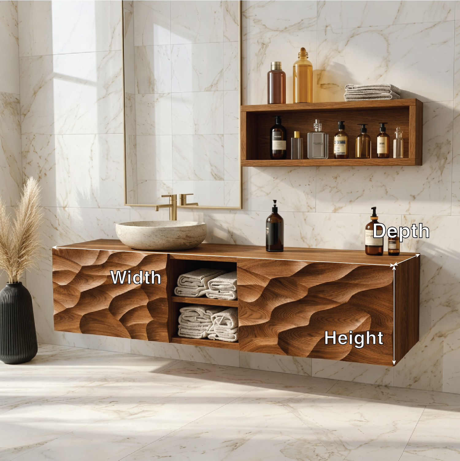 Modern Solid Wood Bathroom Vanity with Floating Storage and Sculpted Front Panels