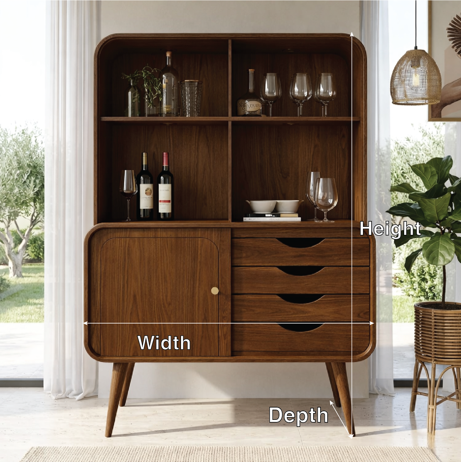 Modern Wine Cabinet with Open Shelves, Drawers and Concealed Storage Door