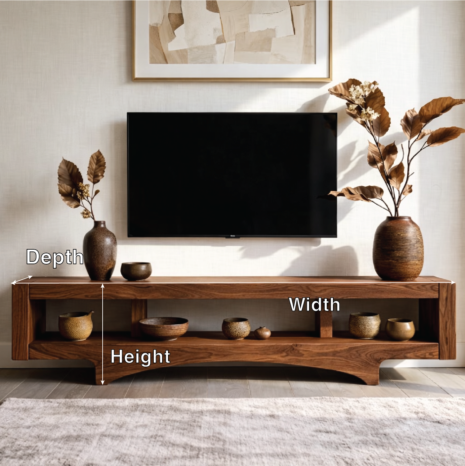 Solid Wood TV Stand with Open Shelf, Minimalist Low Profile Media Console