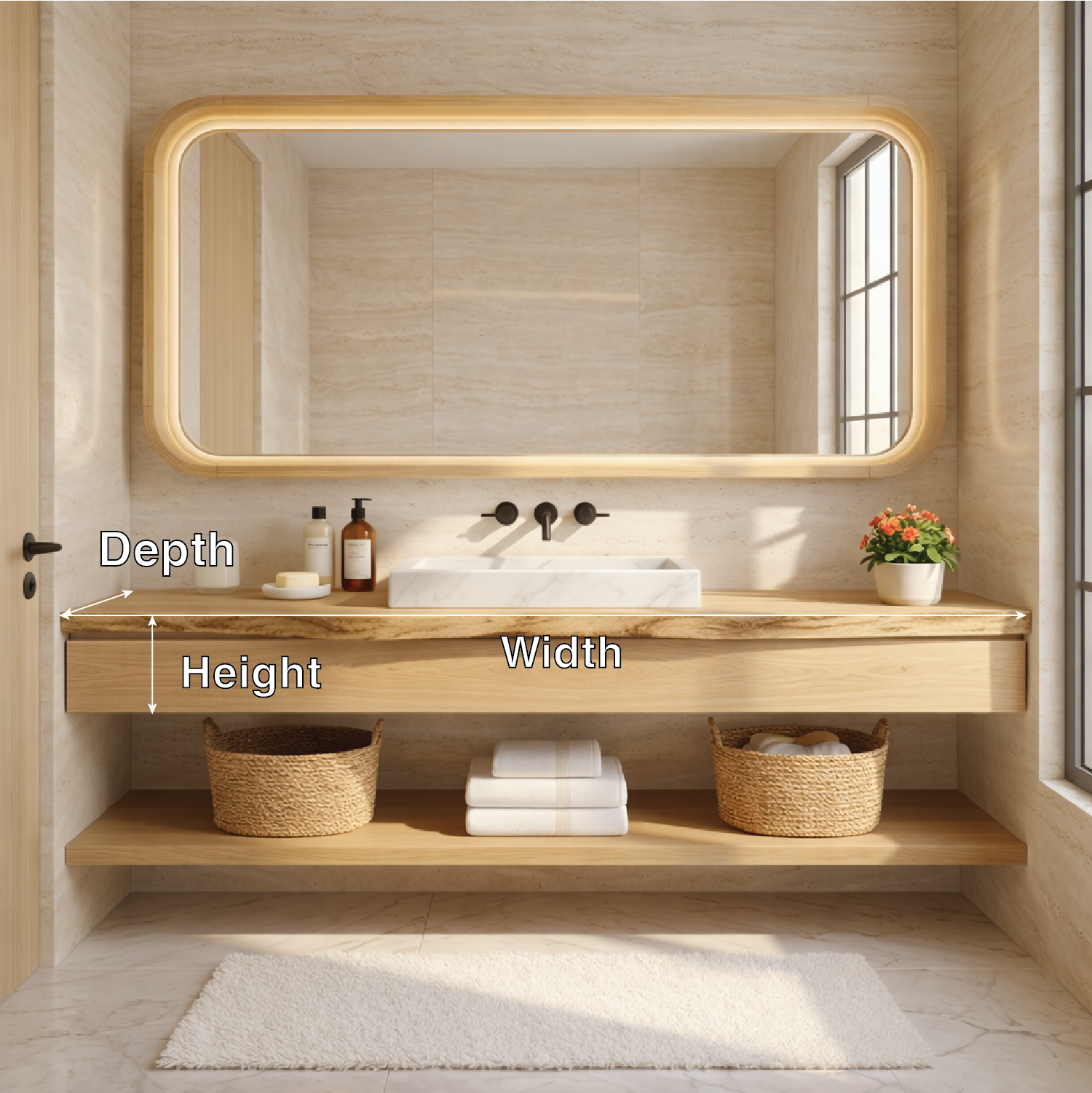 Natural Wood Floating Vanity with Round Mirror and Black Faucets