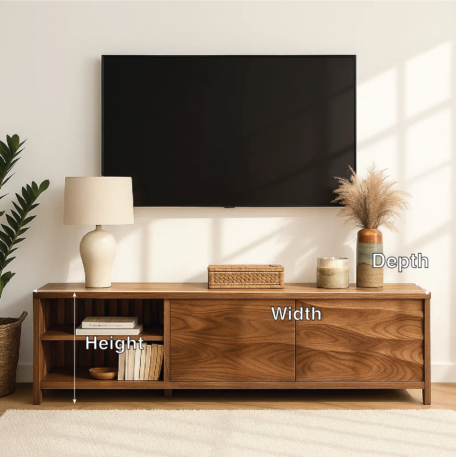 Modern Wood TV Stand With Cabinet and Open Shelf Long Media Console Entertainment Center