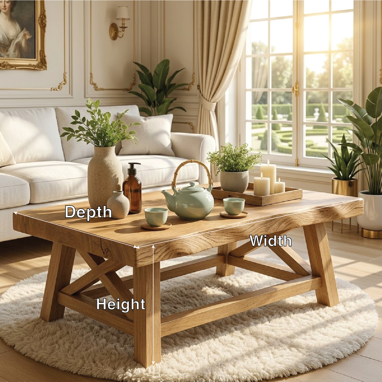 Handcrafted Wooden Coffee Table with X-Shaped Support, Natural Rustic Finish