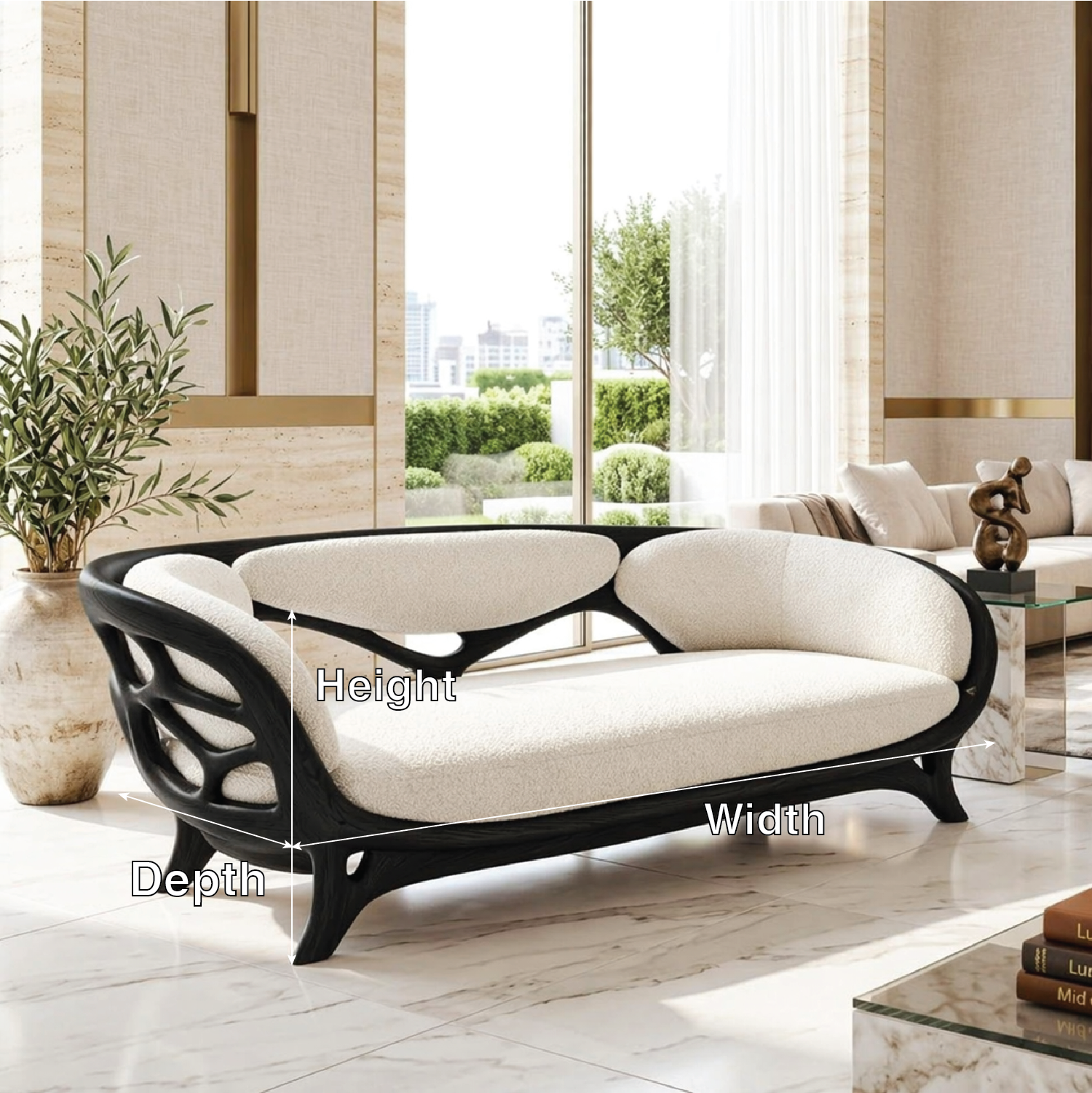 Sculptural Curved Loveseat, Luxury Upholstered Accent Sofa for Modern Interiors