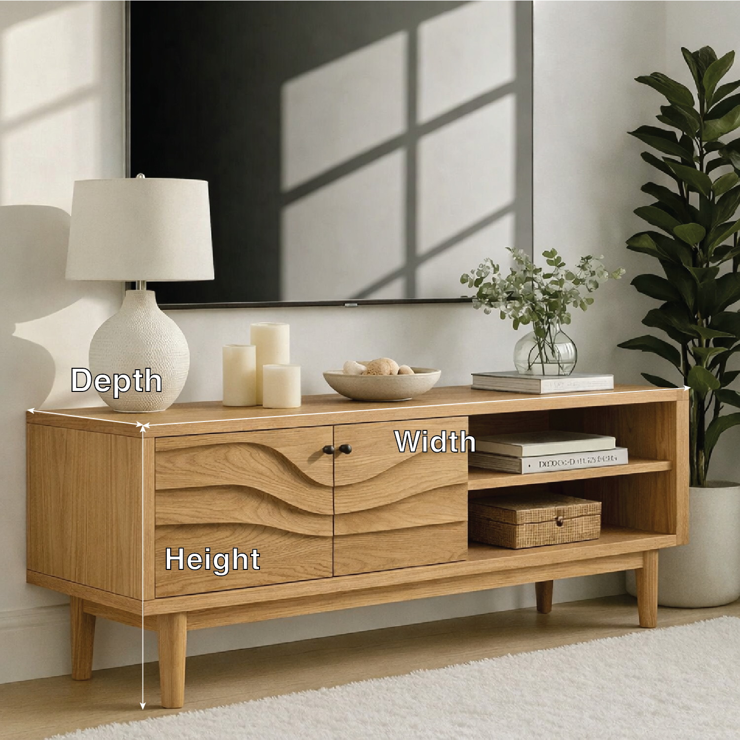 Mid Century Solid Wood TV Stand Wave Front Media Console Modern Entertainment Cabinet