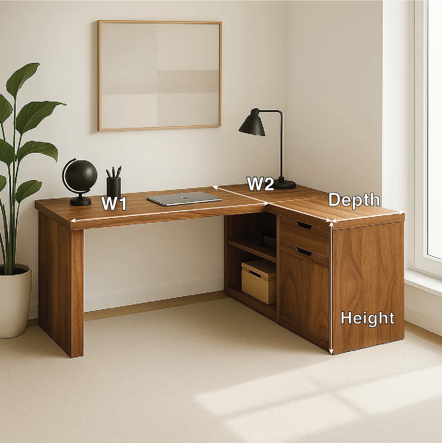 L-Shaped Walnut Desk with Storage – Corner Workspace Solution