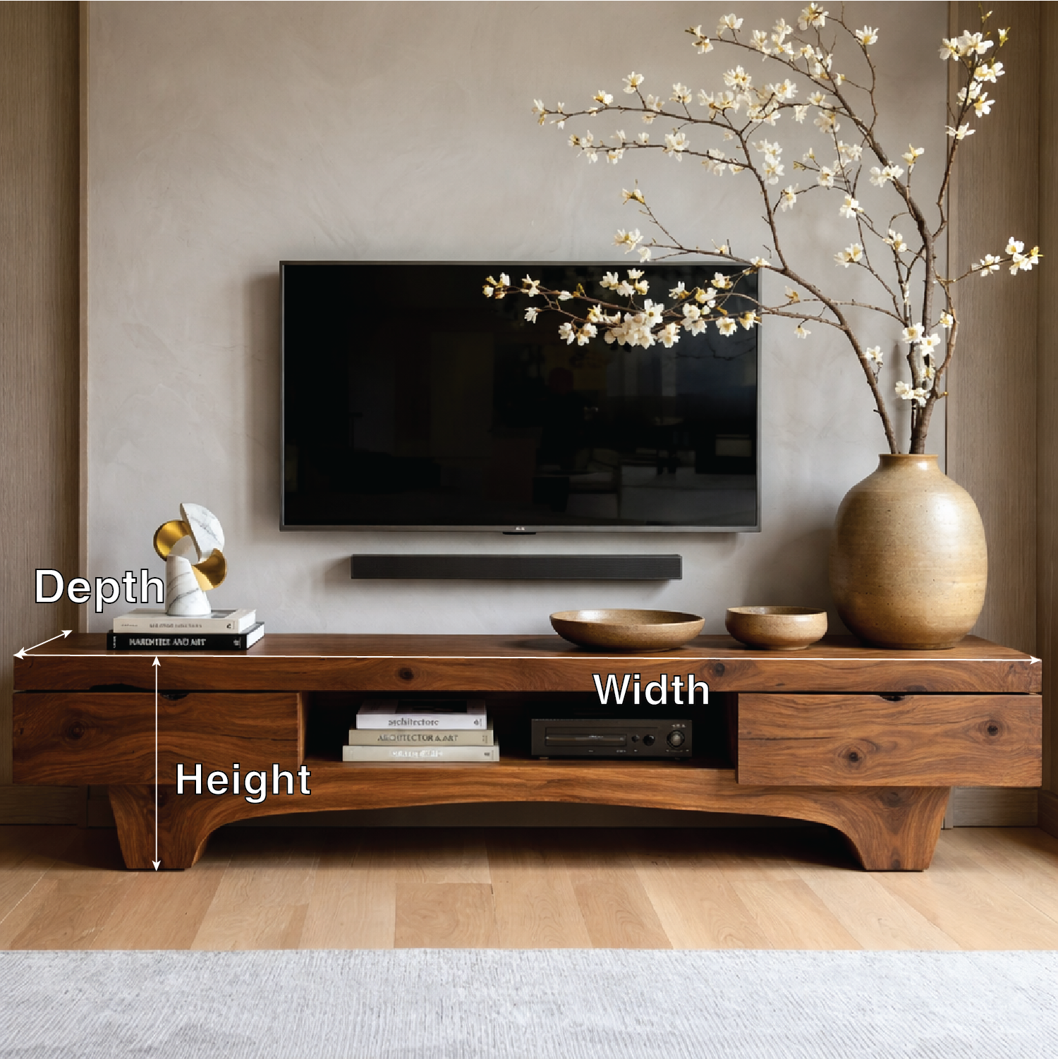 Solid Wood TV Stand with Drawers, Rustic-Modern Media Console Cabinet Centerpiece