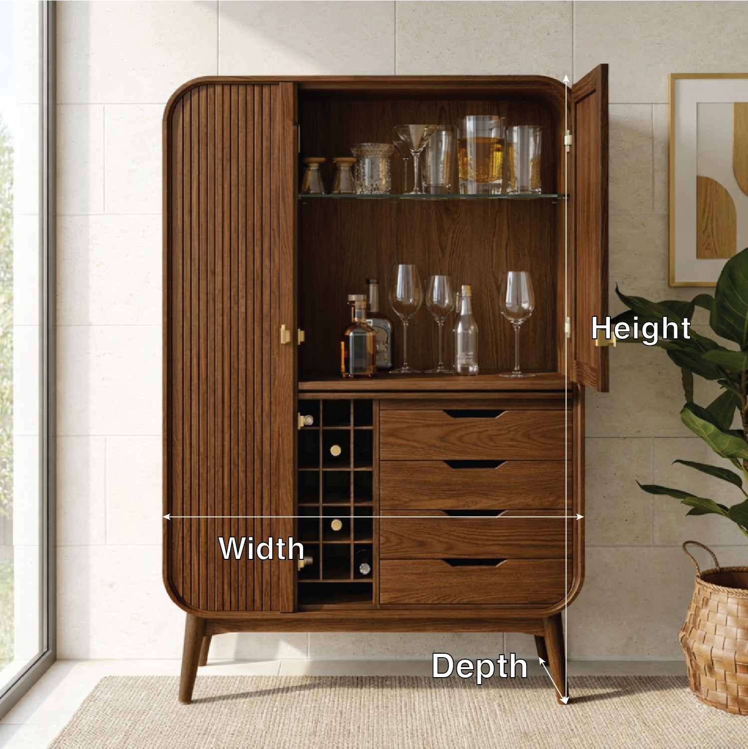 Modern Fluted Bar Cabinet with Wine Rack Drawers and Glass Display Storage