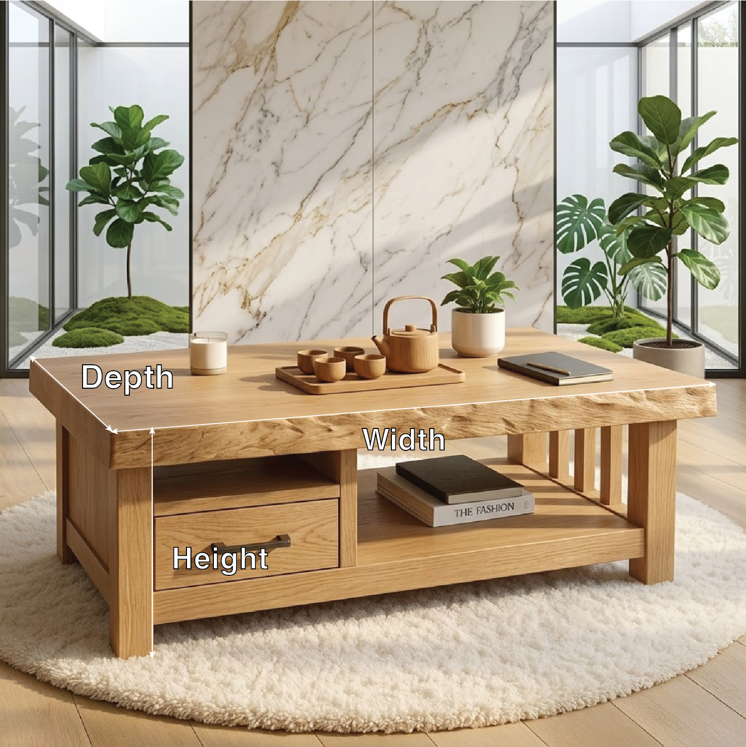 Modern Solid Wood Coffee Table with Drawer and Open Shelf for Living Room Storage