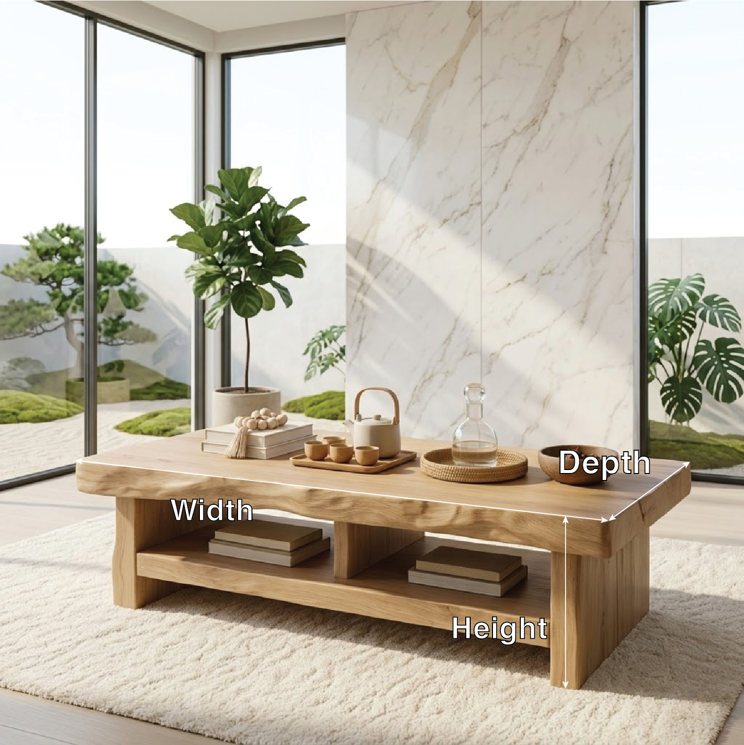 Rustic Solid Wood Coffee Table with Live Edge Top and Open Storage Shelf