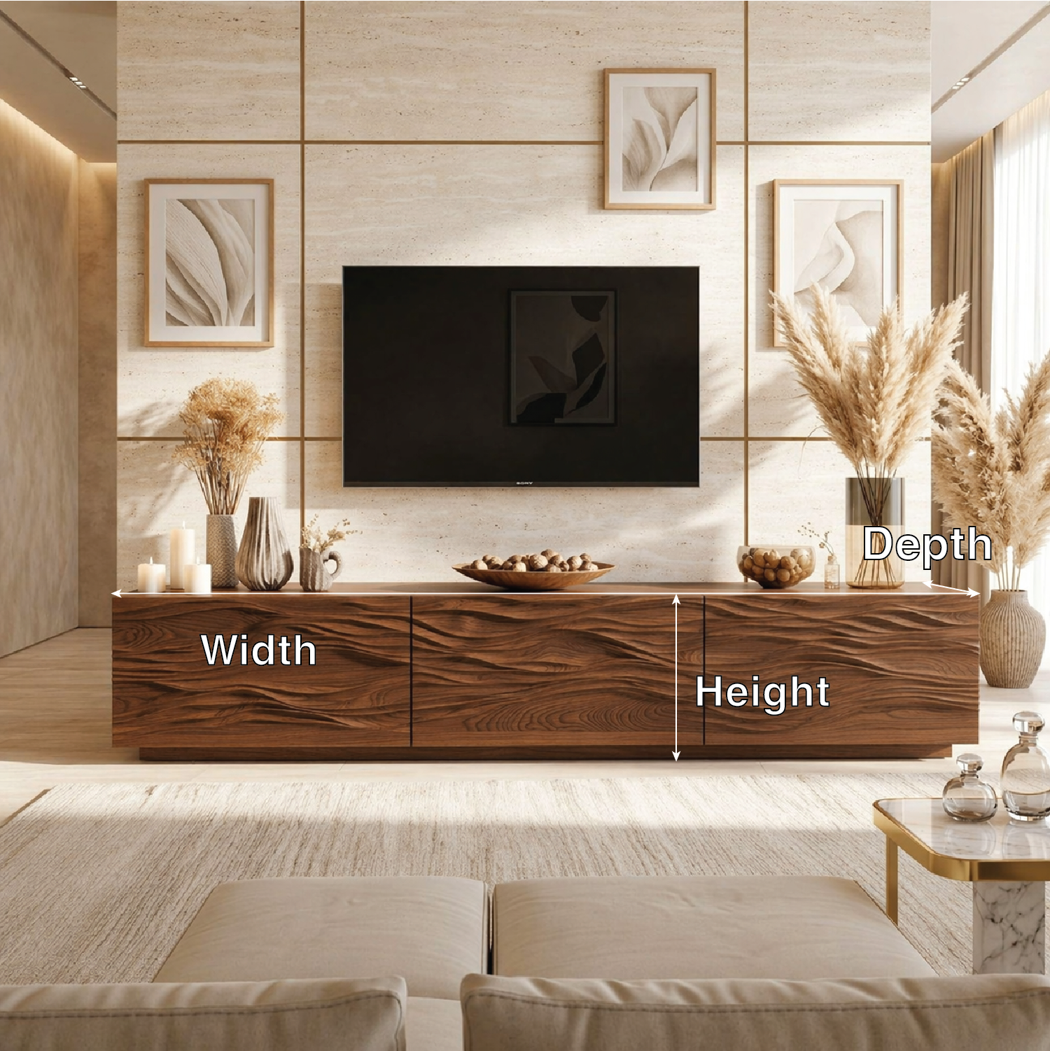 Sculptural Wave Carved TV Console, Modern Entertainment Cabinet for Refined Interiors