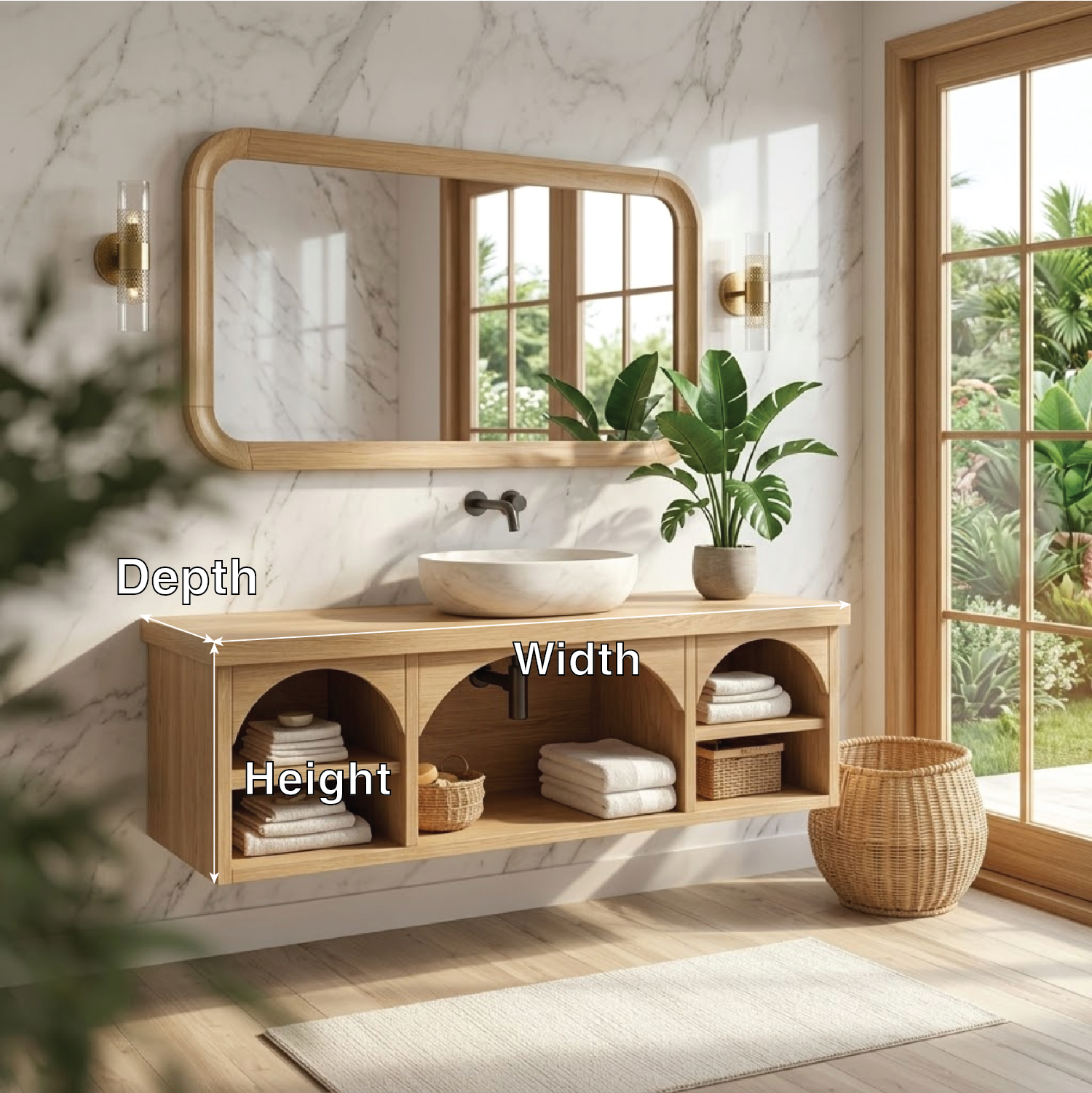 Solid Wood Floating Vanity with Arched Storage and Modern Design