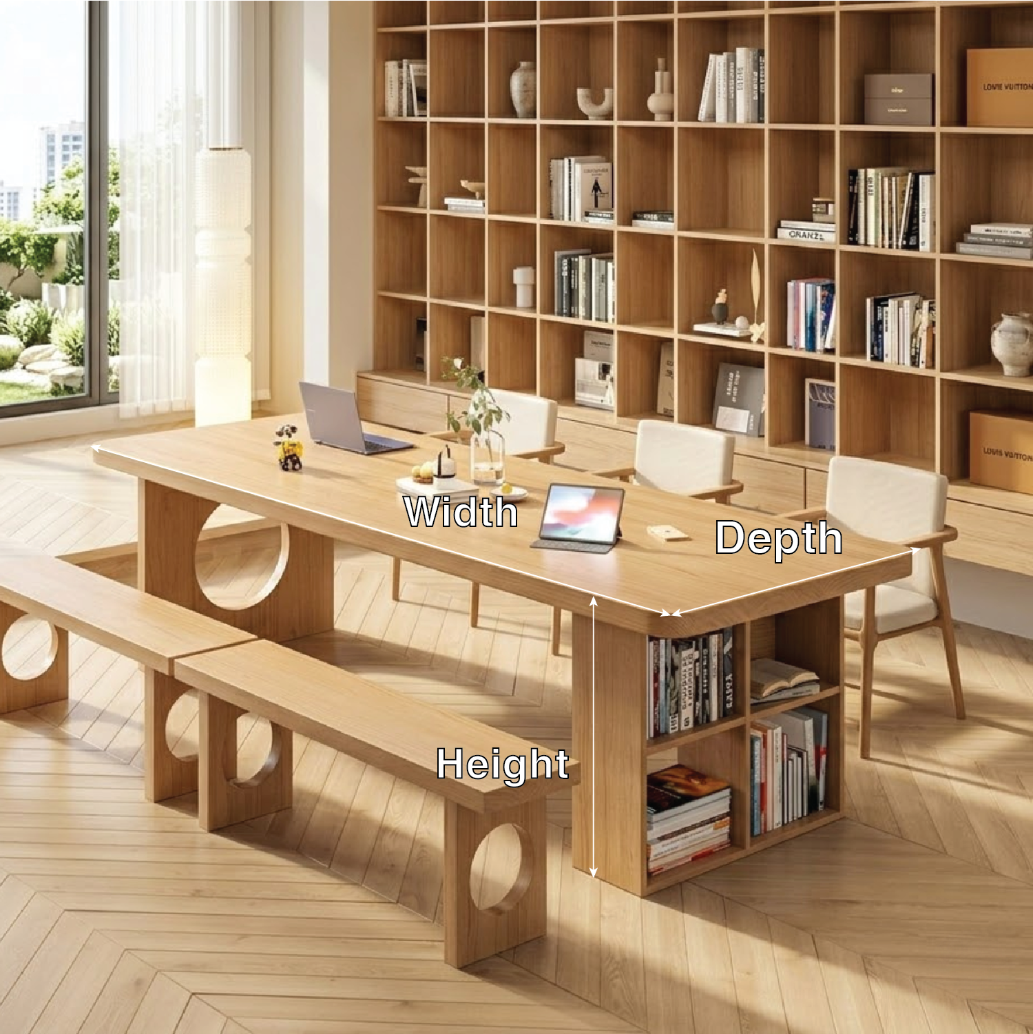 Stylish Work Desk with Open Shelves and Round Accent for Home or Office