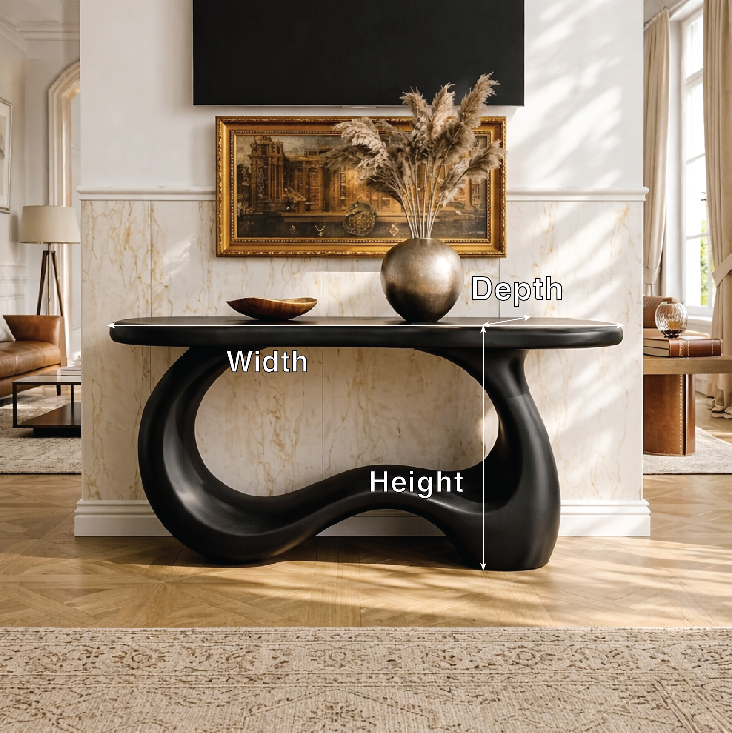 Solid Wood Console Table with Sculpted Curved Base, Modern Organic Design
