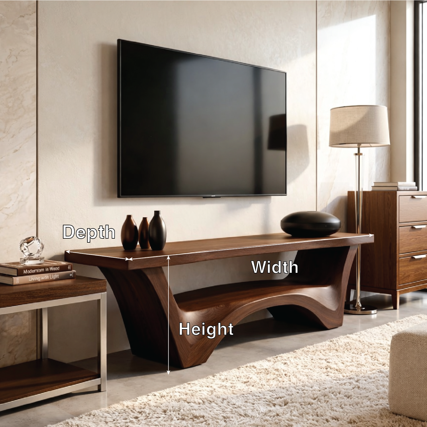 Solid Wood TV Stand with Sculptural Base, Modern Open Media Console