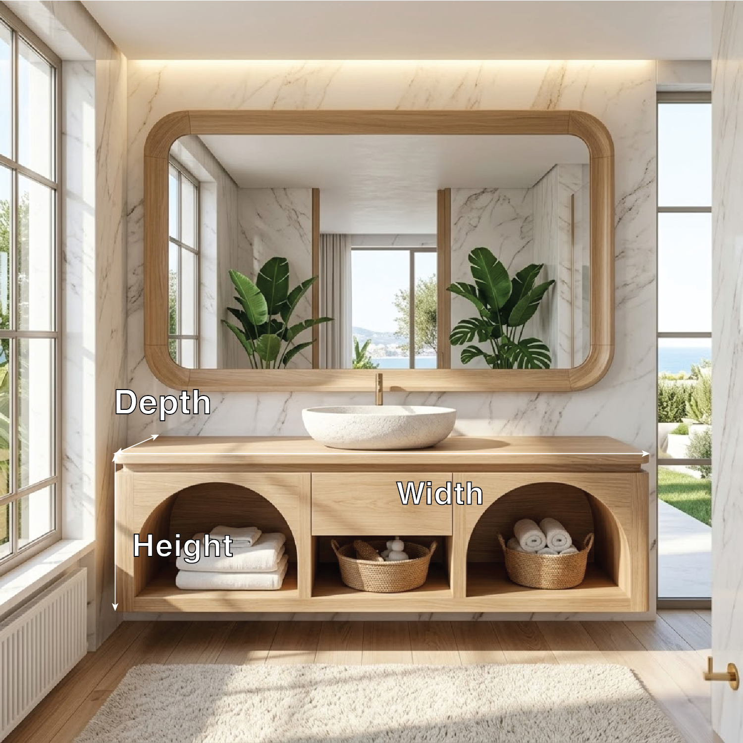 Modern Solid Wood Floating Vanity with Arched Shelves and Natural Finish