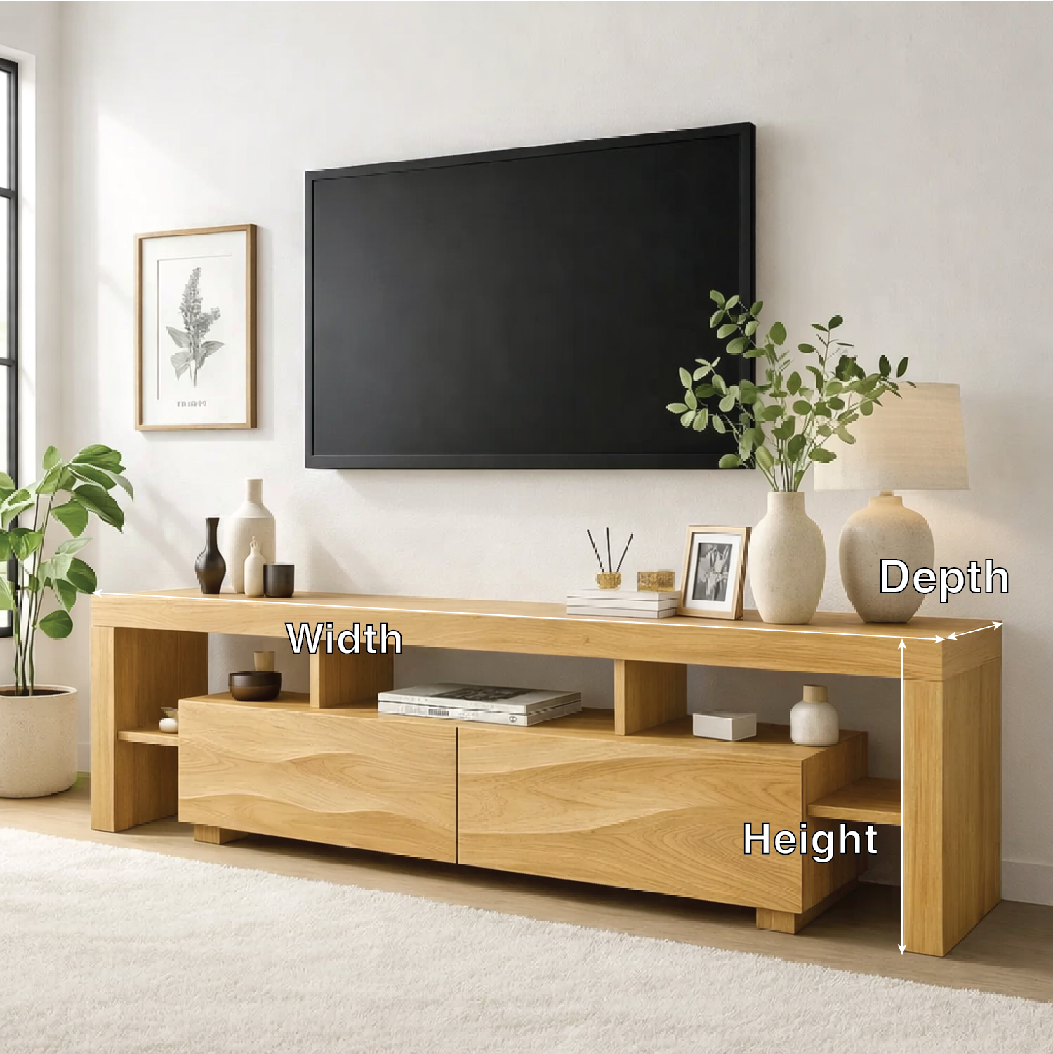 Modern Wave Front Wood TV Stand Long Media Console With Open Shelves Entertainment Center