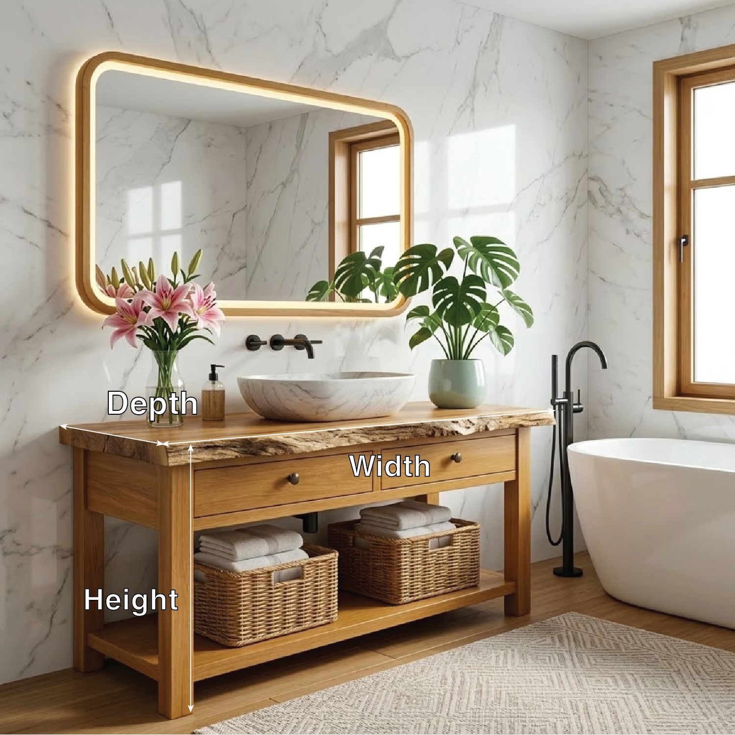 Modern Wooden Bathroom Vanity with Marble Sink and LED Mirror