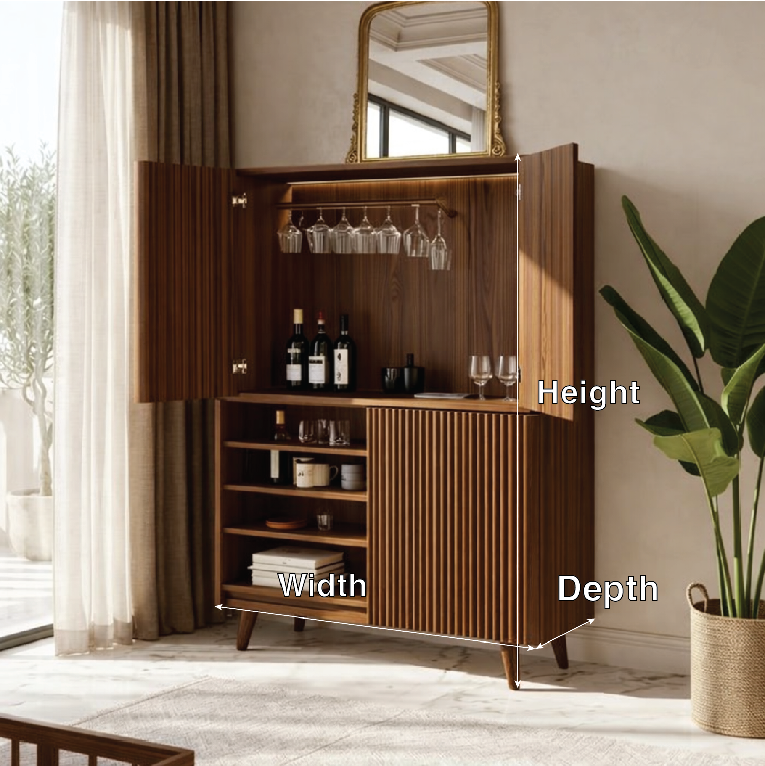 Modern Fluted Bar Cabinet with Wine Glass Rack and Concealed Storage Shelves