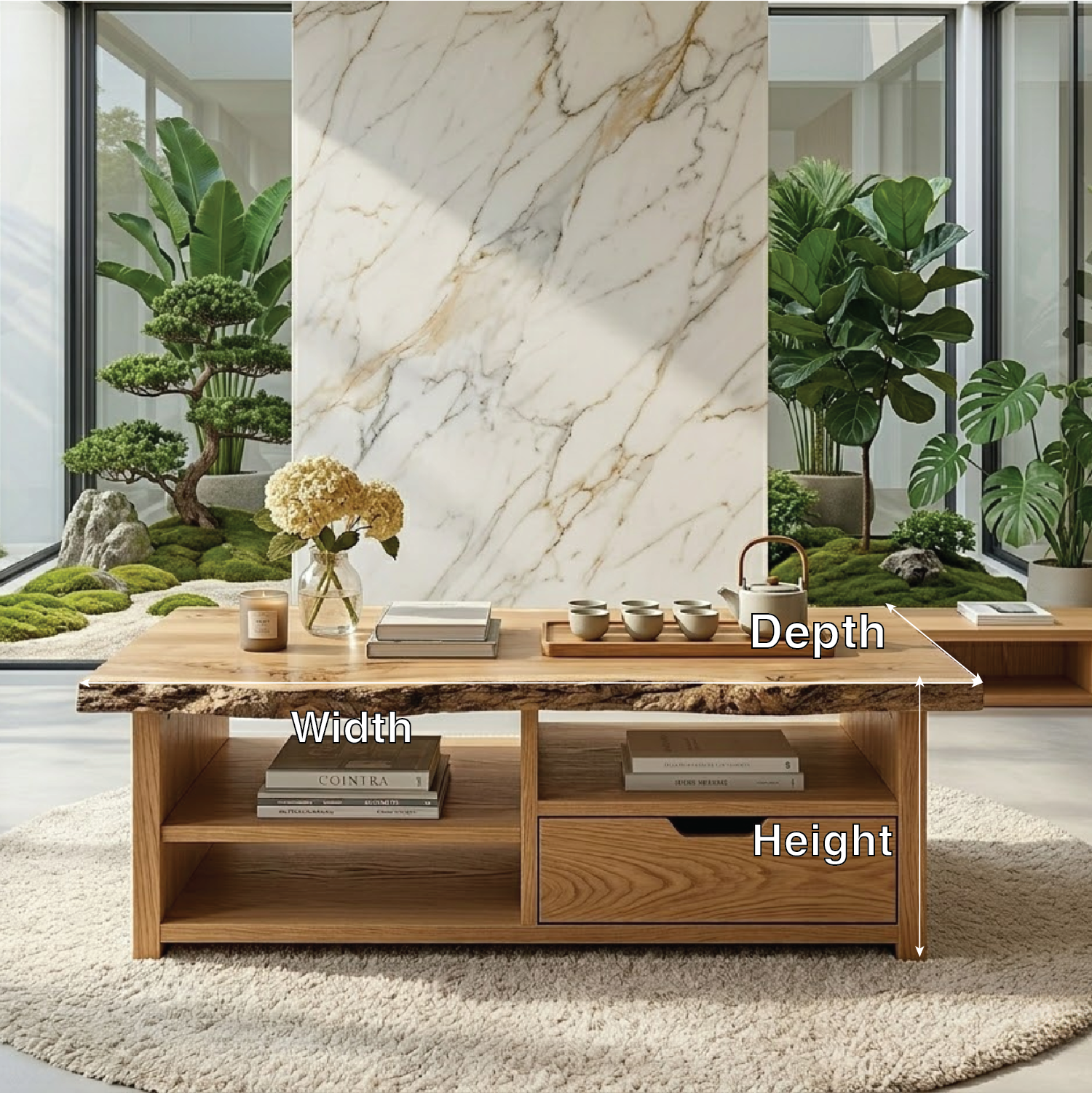 Live Edge Oak Coffee Table with Storage Drawer and Shelf, Solid Wood Living Room Table