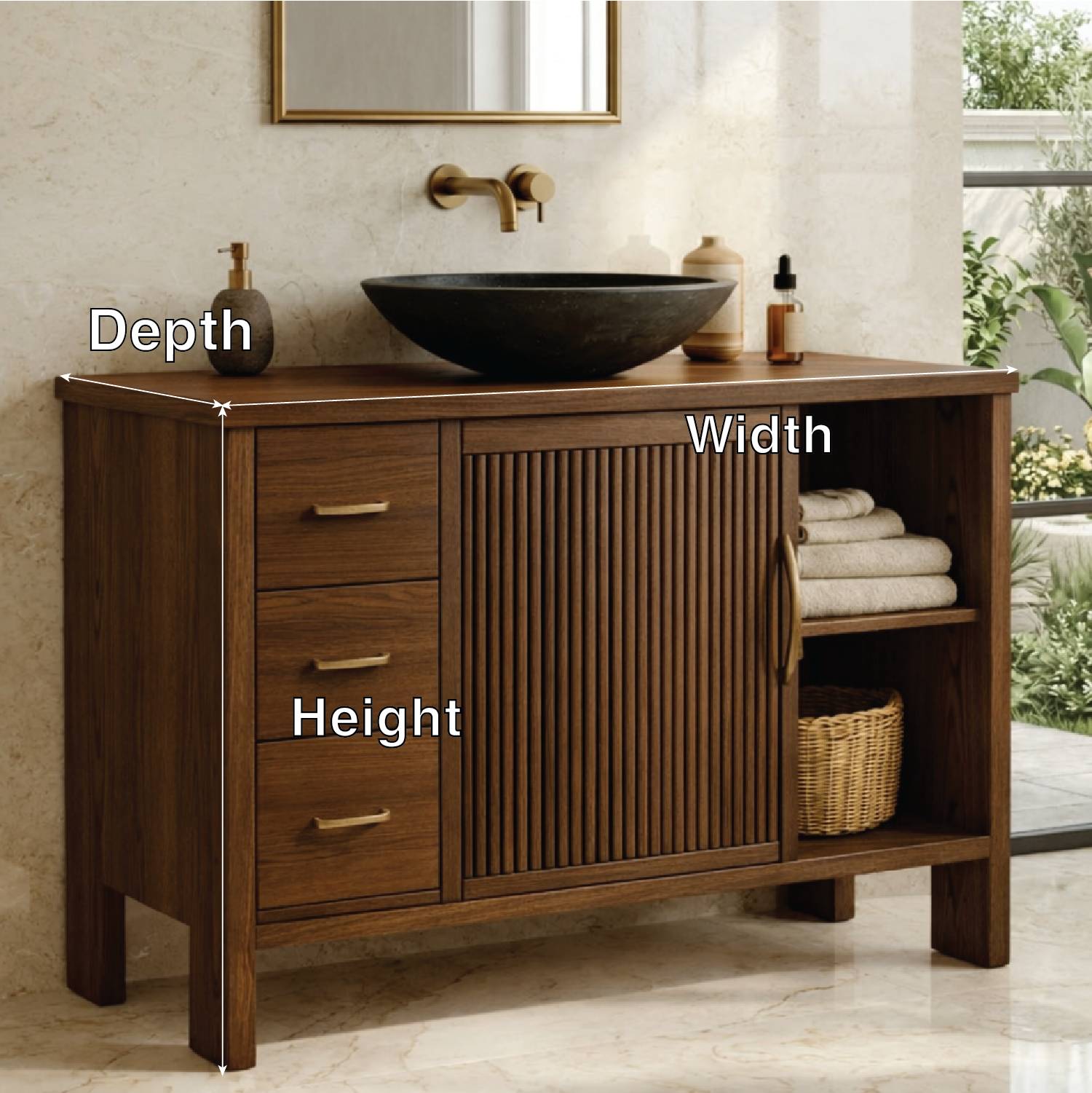 Modern Solid Wood Bathroom Vanity with Fluted Door, Drawers and Open Shelf Storage