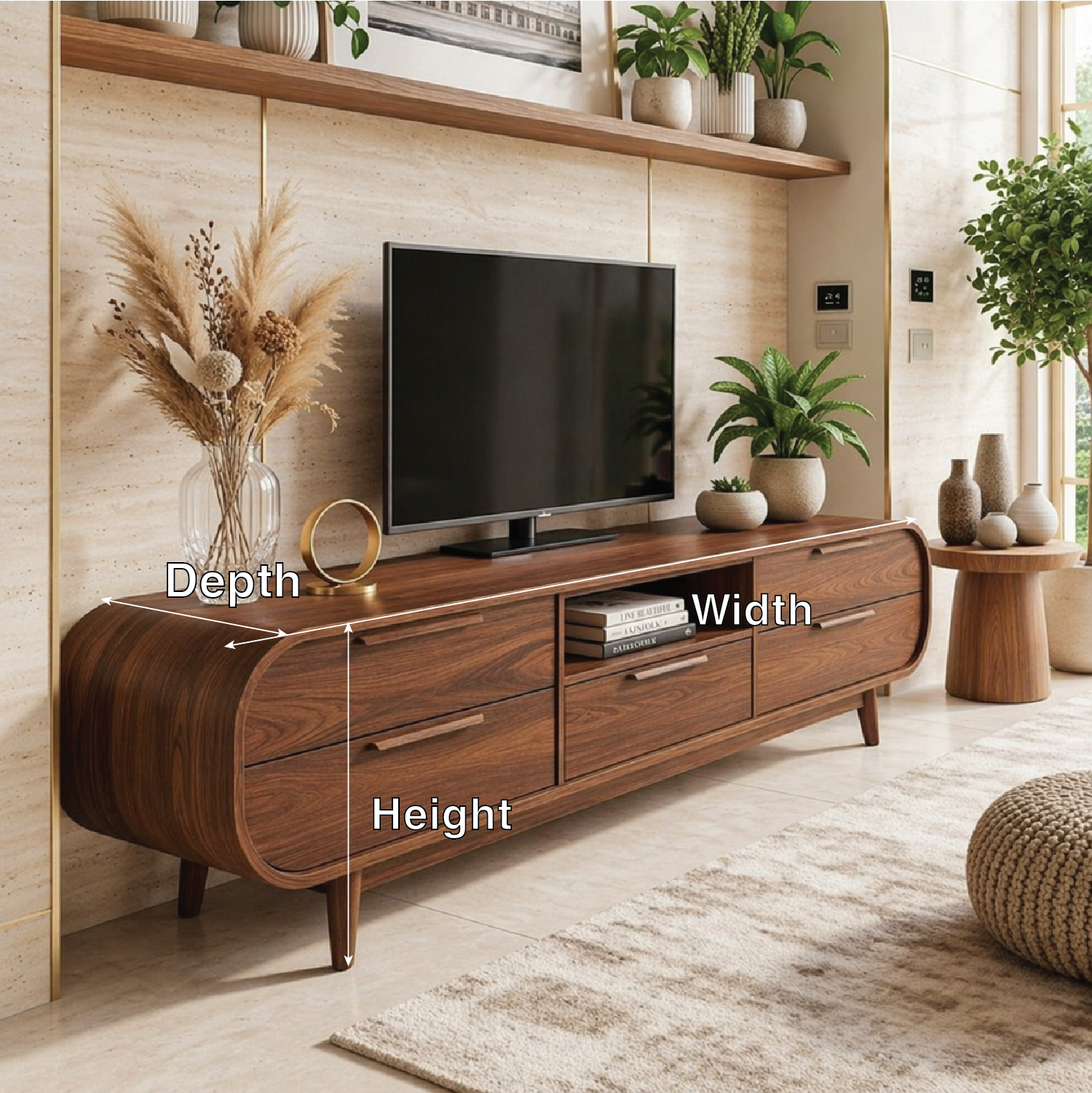 Modern Curved TV Stand, Minimalist Media Console, Storage Cabinet