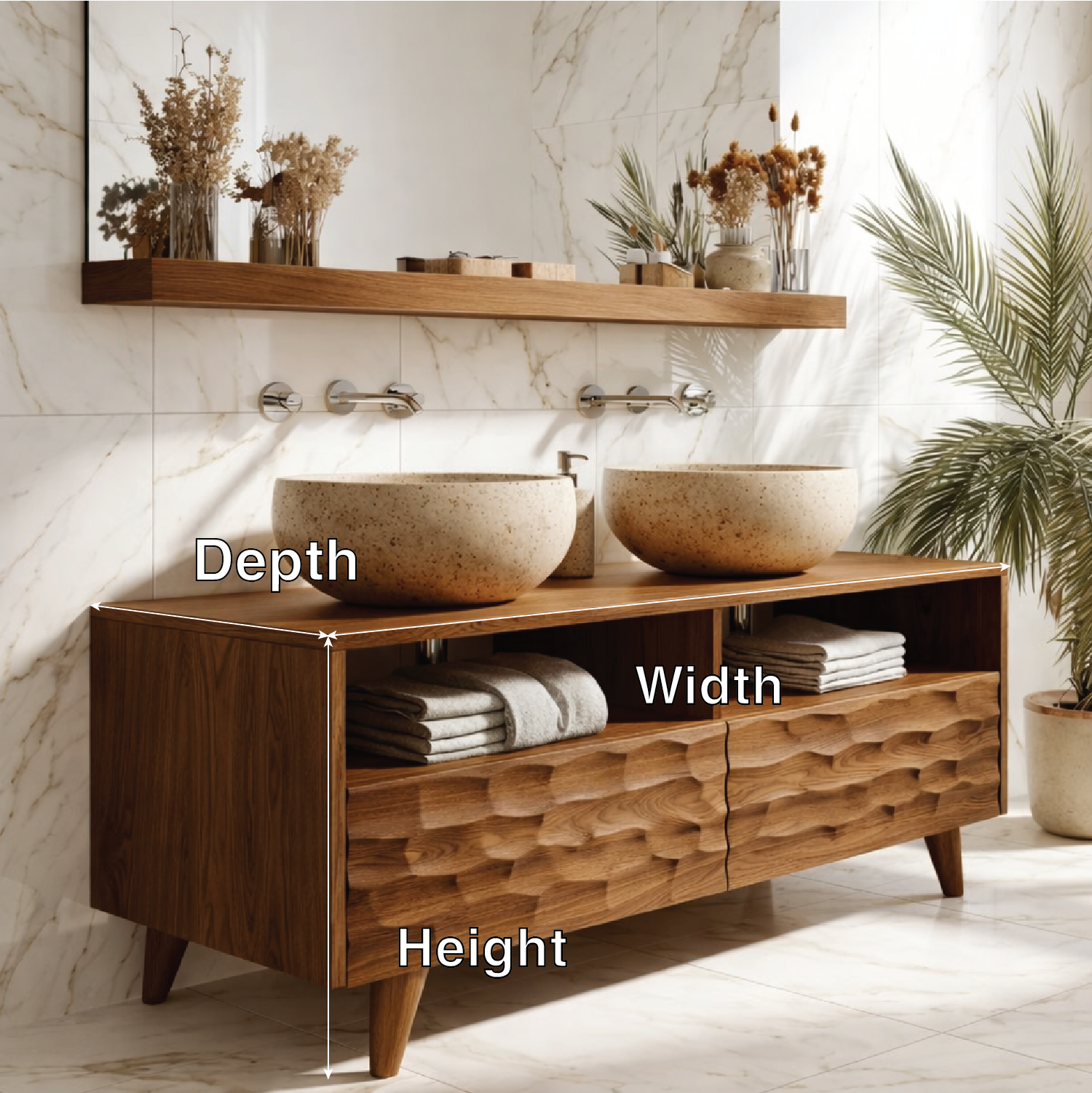 Modern Solid Wood Double Bathroom Vanity with Open Storage and Textured Drawers