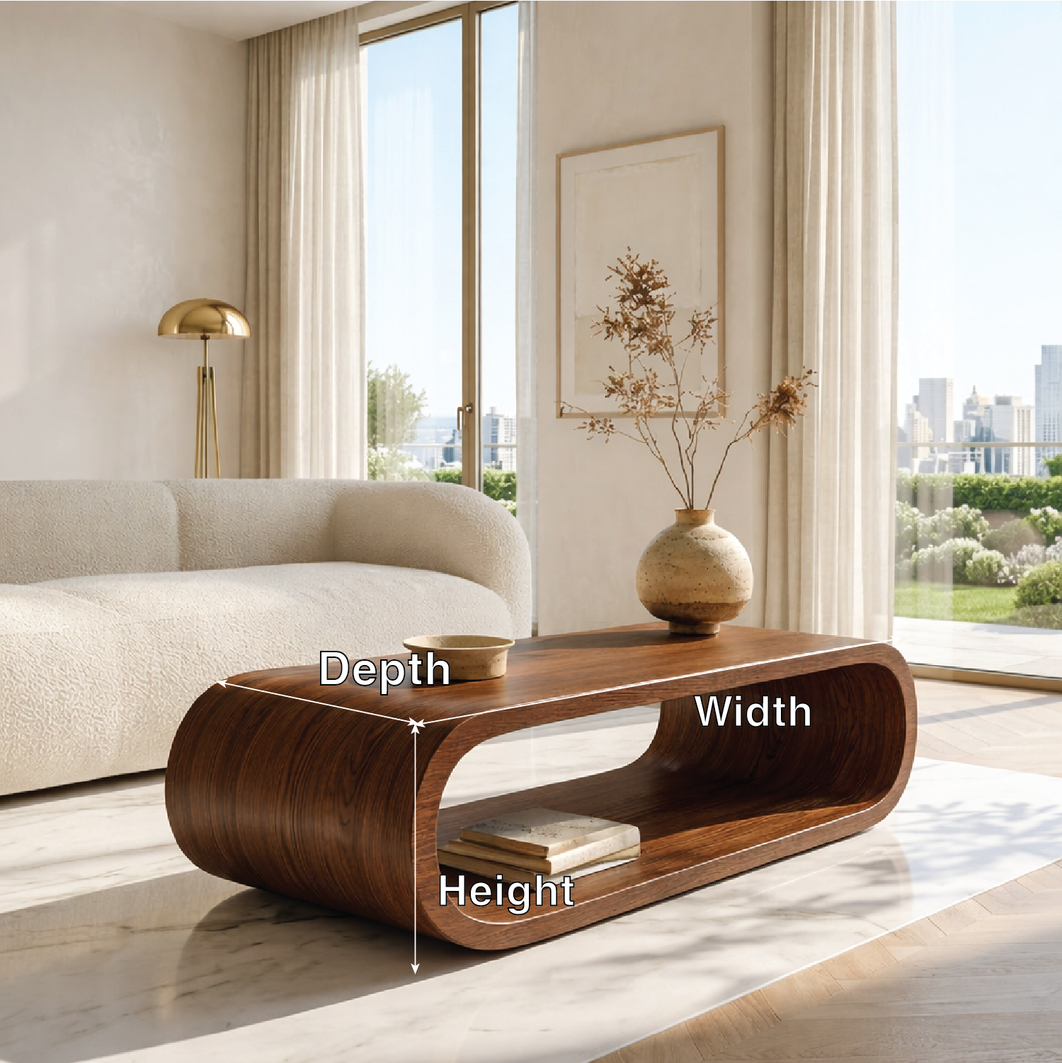 Modern Curved Coffee Table with Open Shelf for Contemporary Minimalist Interiors