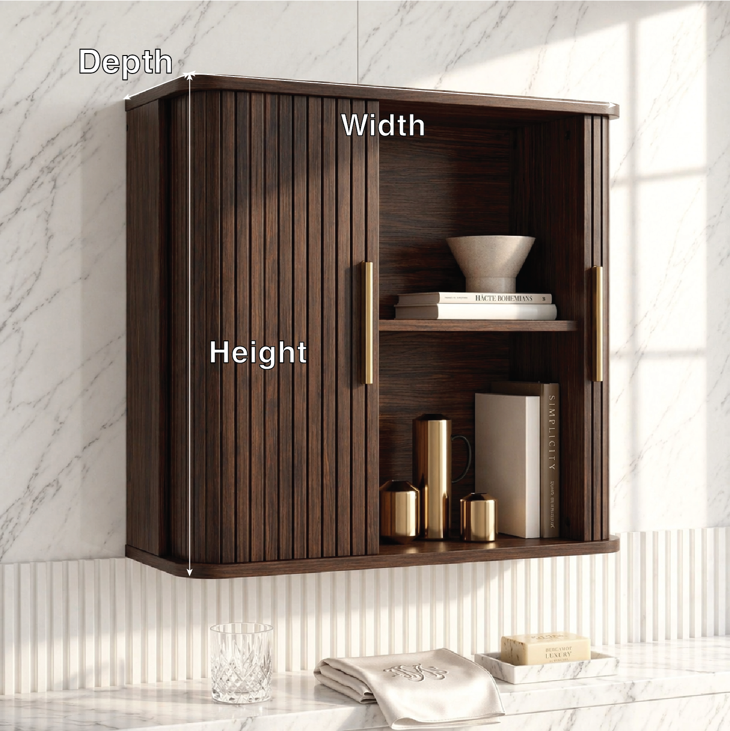 Floating Bathroom Cabinet, Modern Slatted Wall Mounted Vanity Storage Organizer Shelf