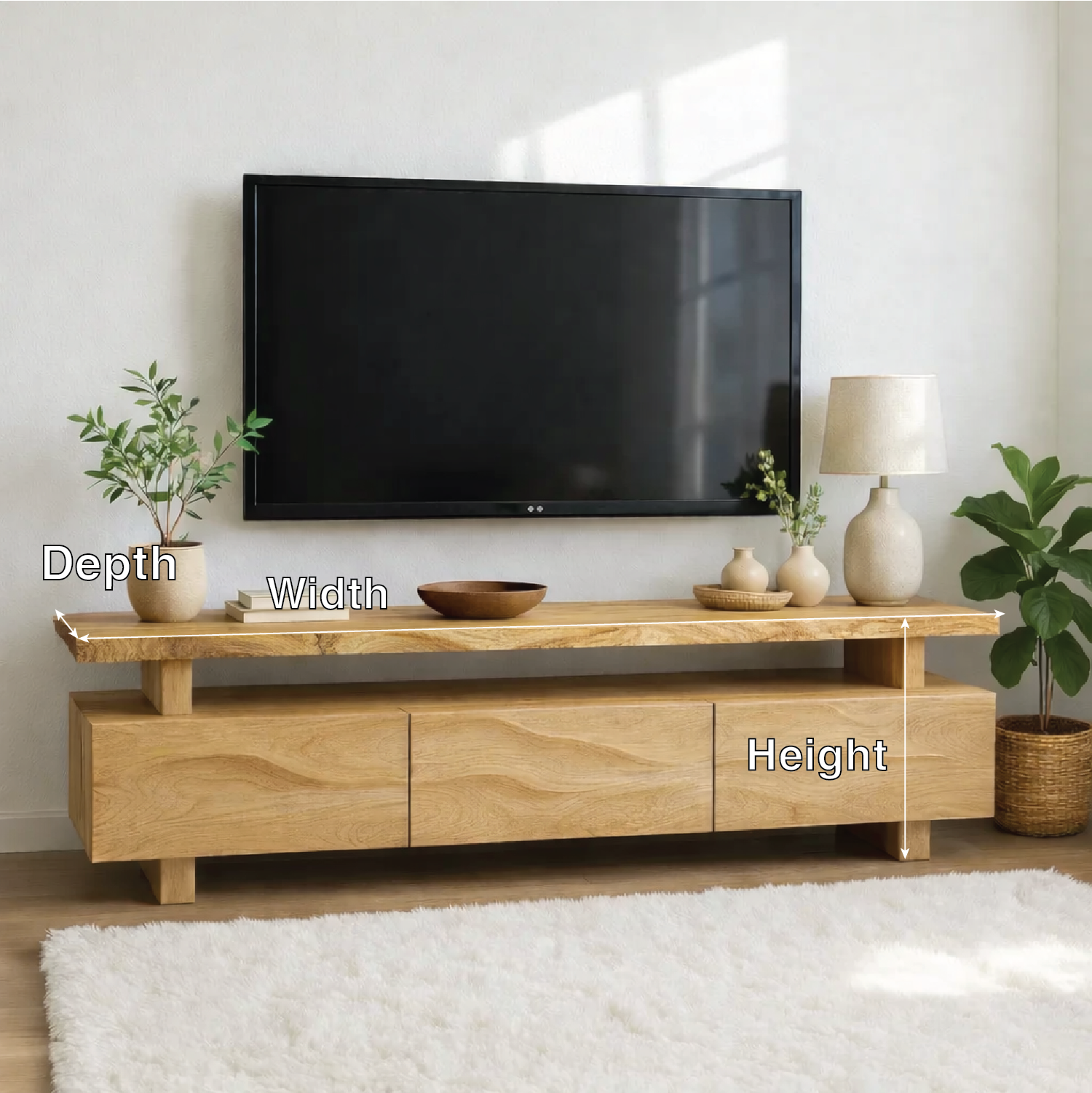 Modern Wave Front Wood TV Stand Long Media Console Low Profile Entertainment Center