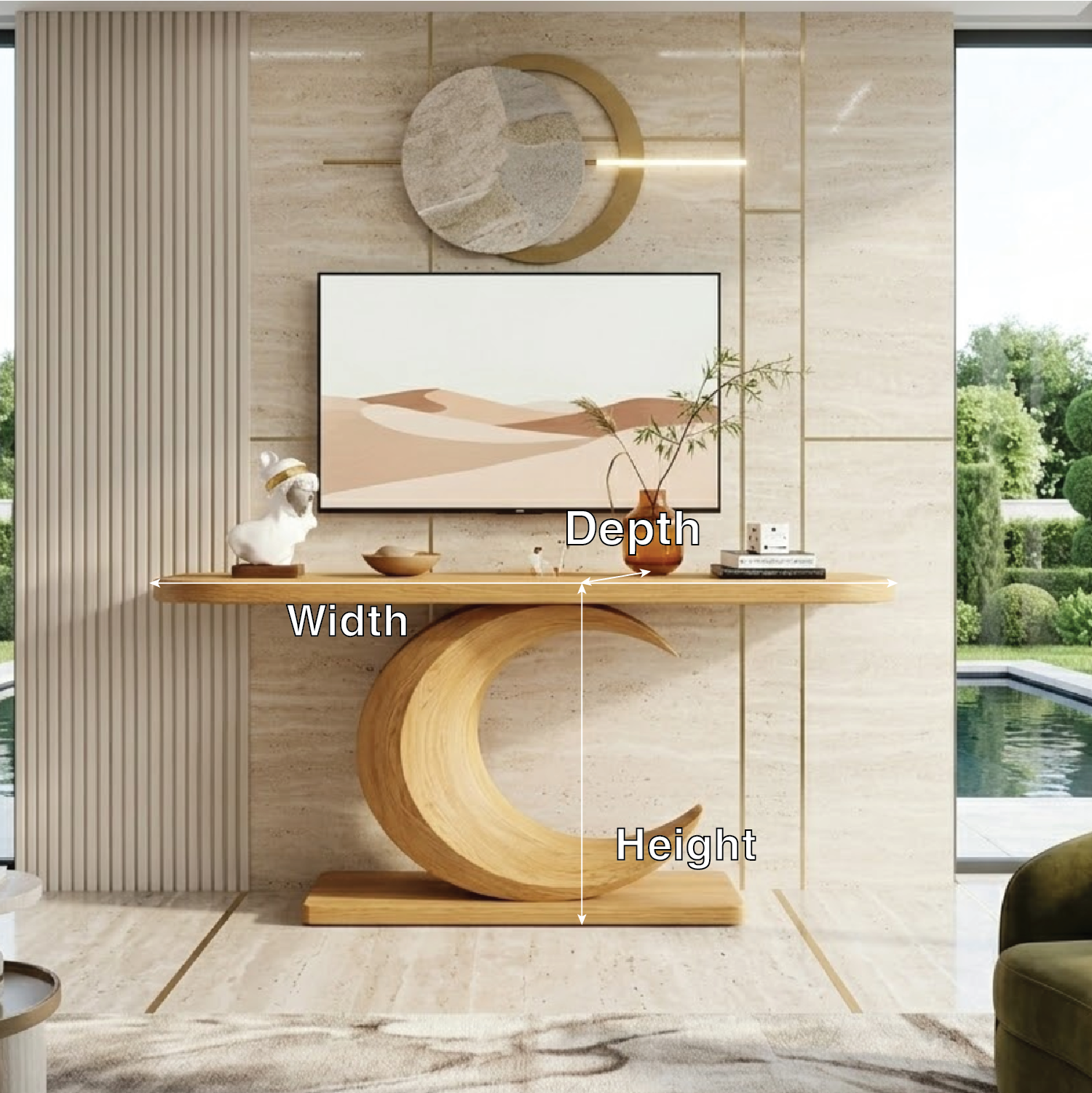 Solid Wood Console Table with Sculpted Crescent Base, Modern Artistic Design