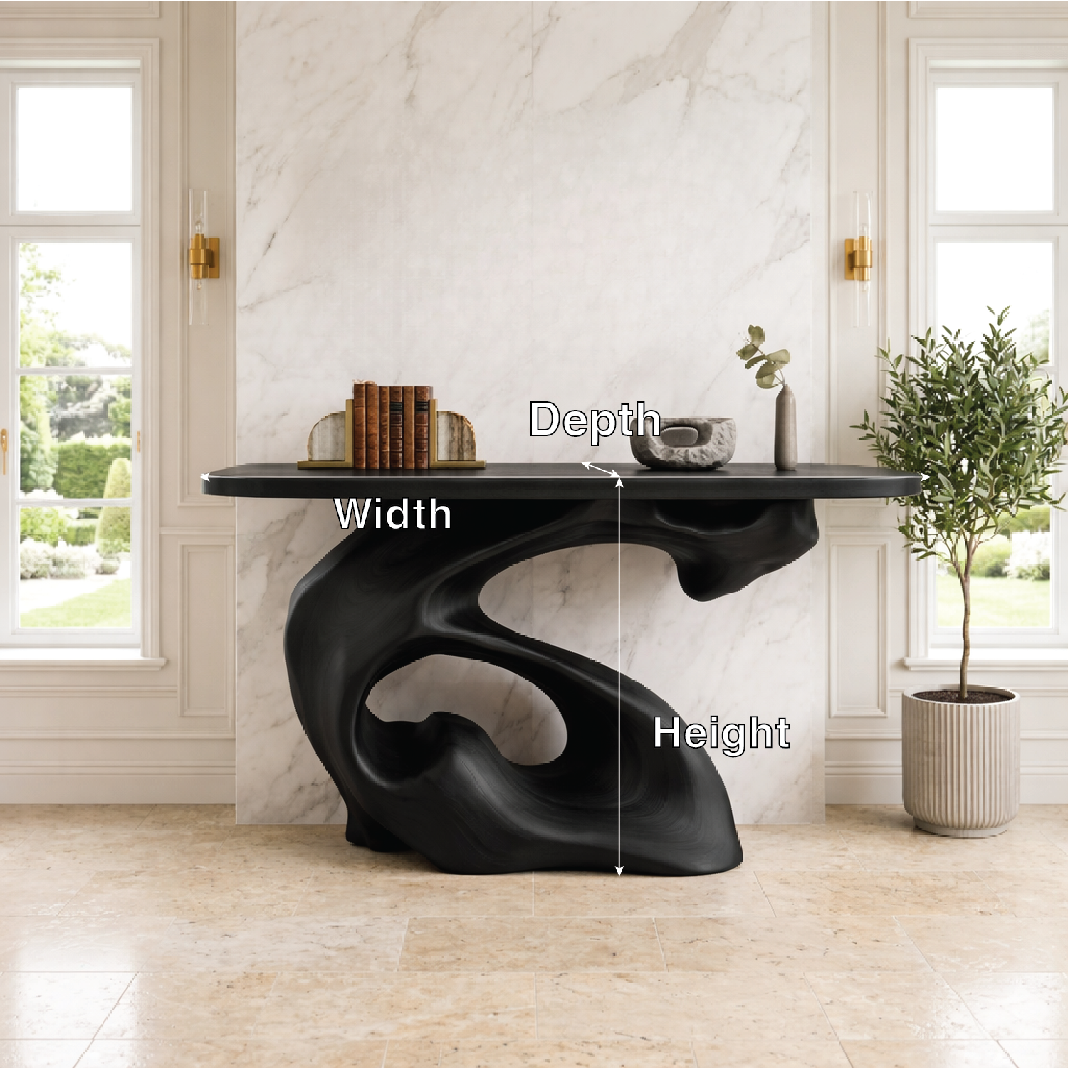Solid Wood Console Table with Sculpted Organic Base, Artistic Modern Design