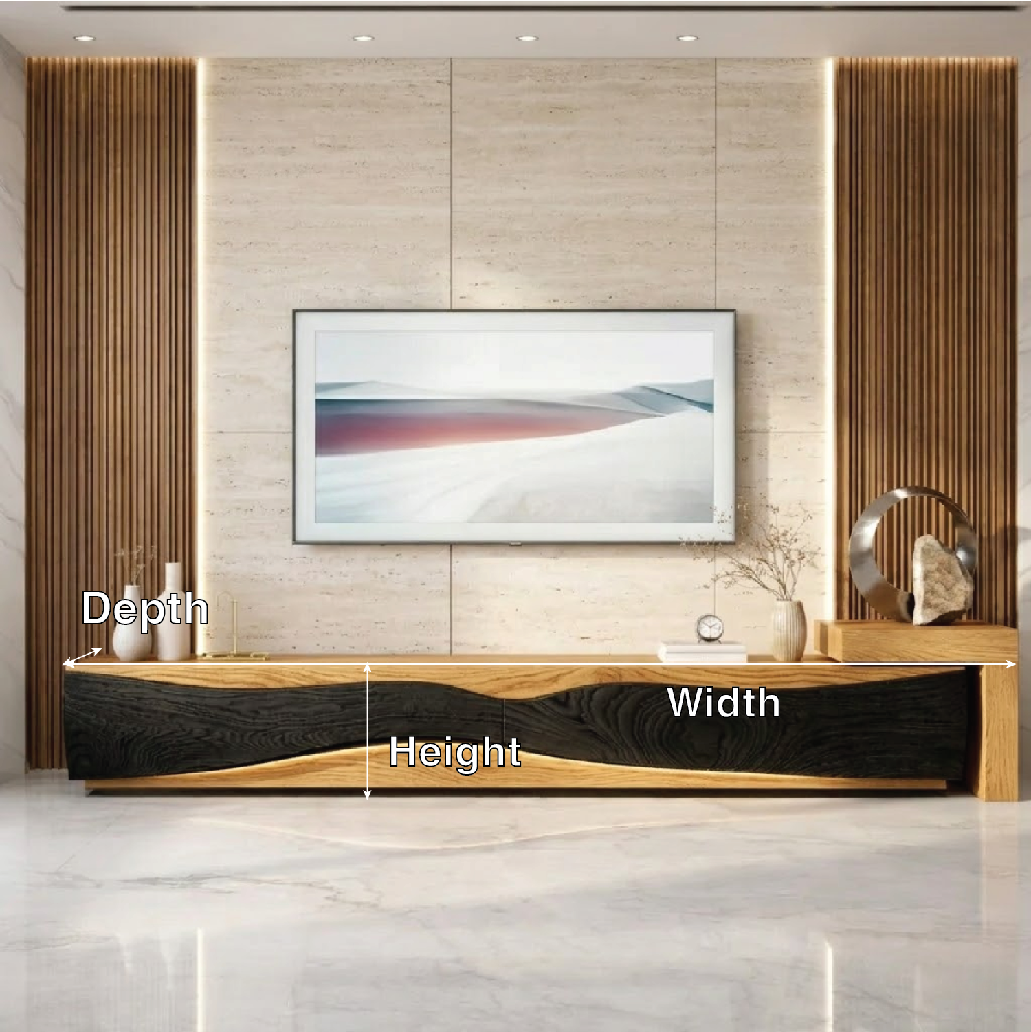 Handcrafted Solid Wood TV Stand with Black Wave Front, Entertainment Centerpiece