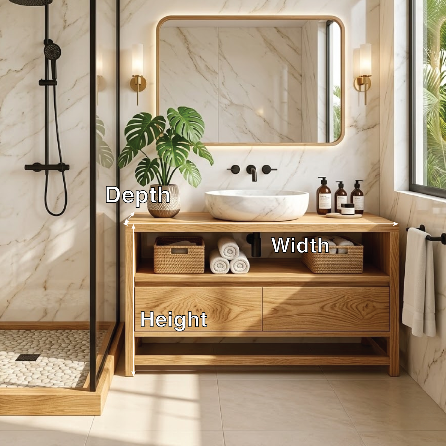 Modern Oak Bathroom Vanity with Marble Sink and LED Mirror