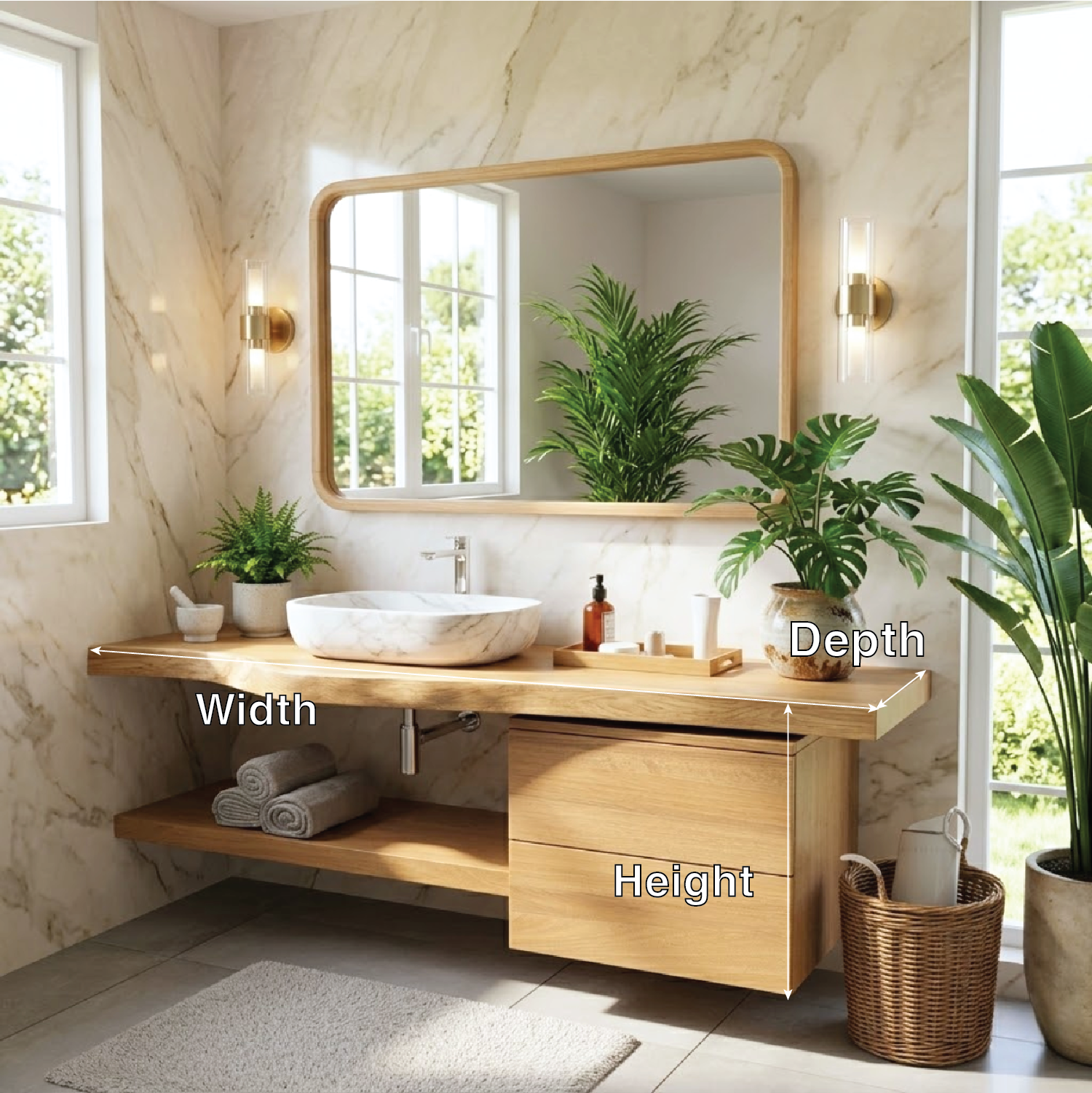 Floating Bathroom Vanity with Natural Wood Finish and Open Shelf