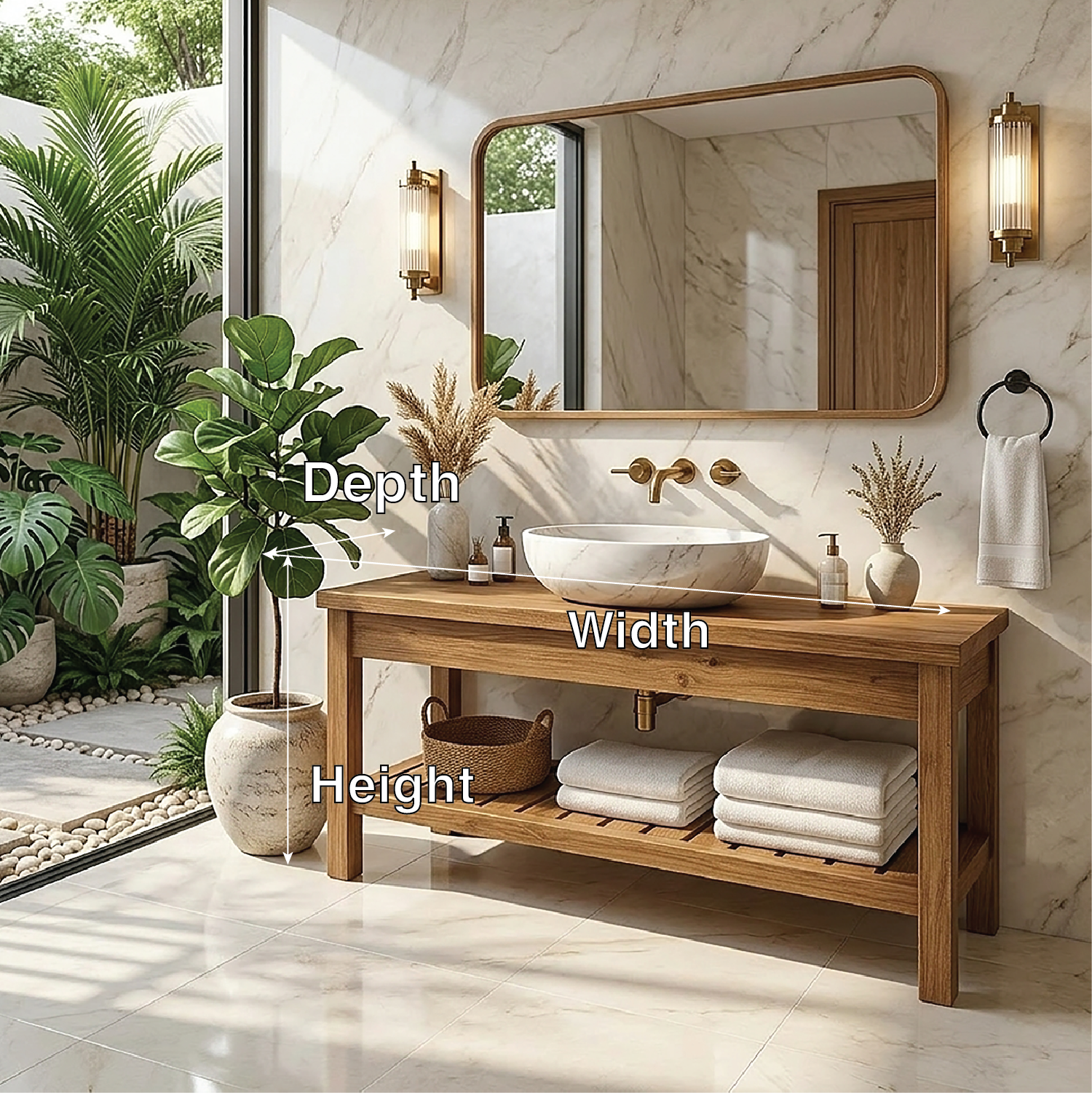 Modern Oak Bathroom Vanity with White Marble Sink and Golden Fixtures