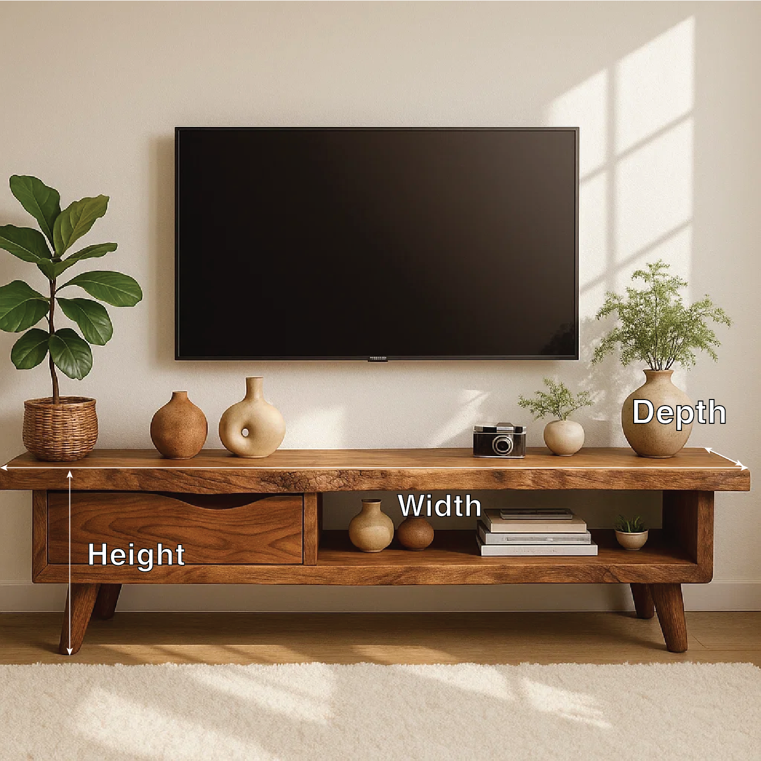 Handcrafted Solid Wood TV Stand with Drawer and Open Shelf, Mid Century Modern Media Console
