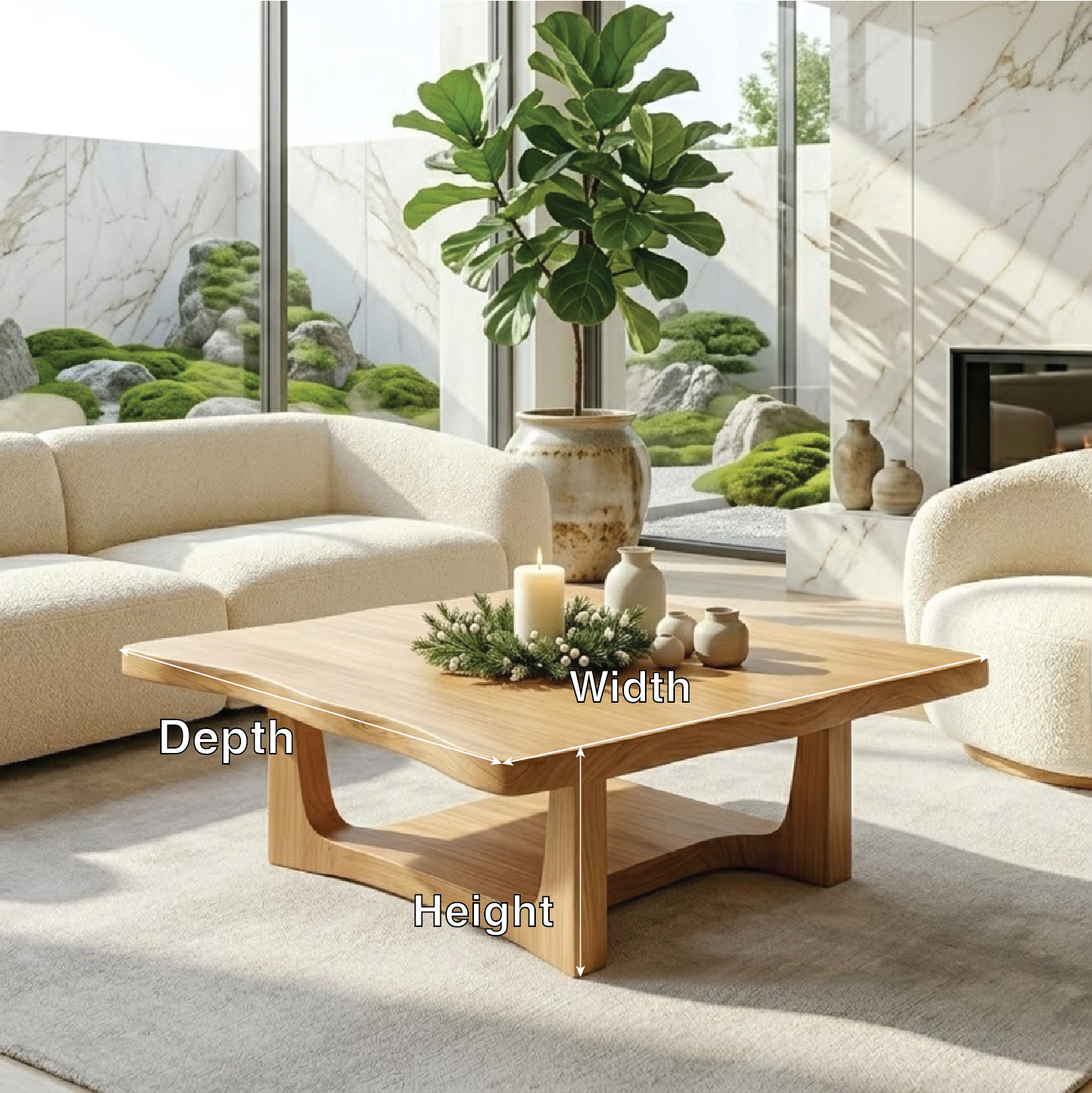 Solid Oak Coffee Table with Curved Edges and Open Base, Modern Japanese Style Living Room Table