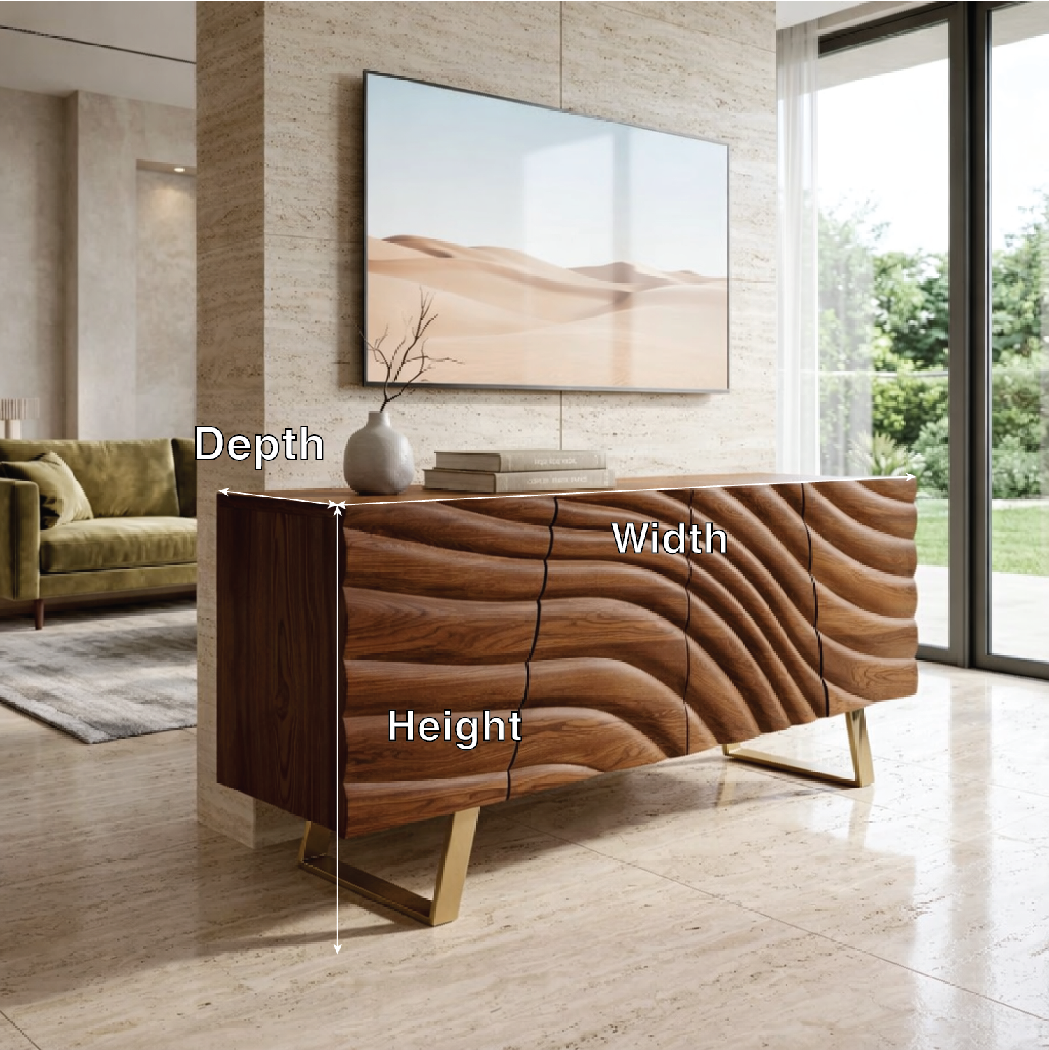 Solid Wood TV Stand with Sculpted Doors, Modern Media Console for Living Room