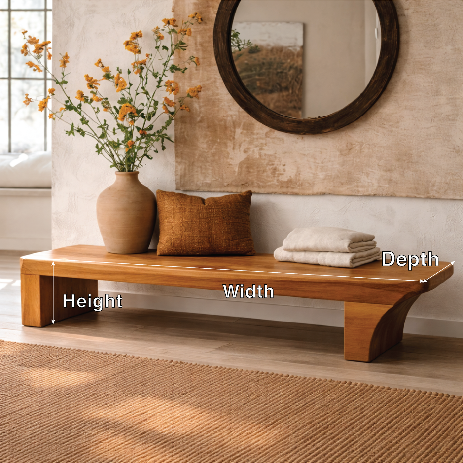 Solid Wood Low Profile Bench, Minimalist Modern Entryway Seating