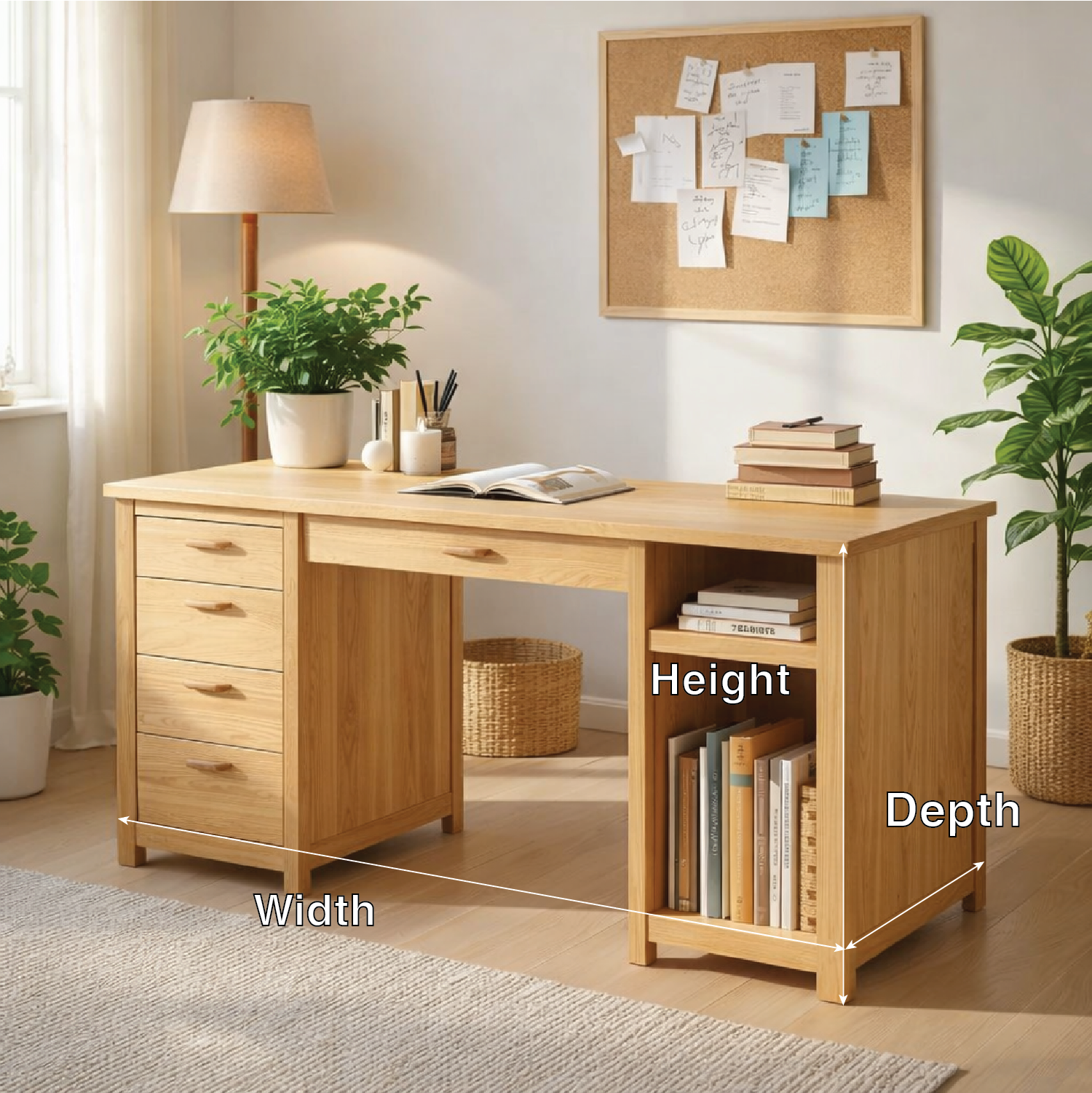 Solid Oak Handmade Work Desk with Drawers and Open Storage Shelves