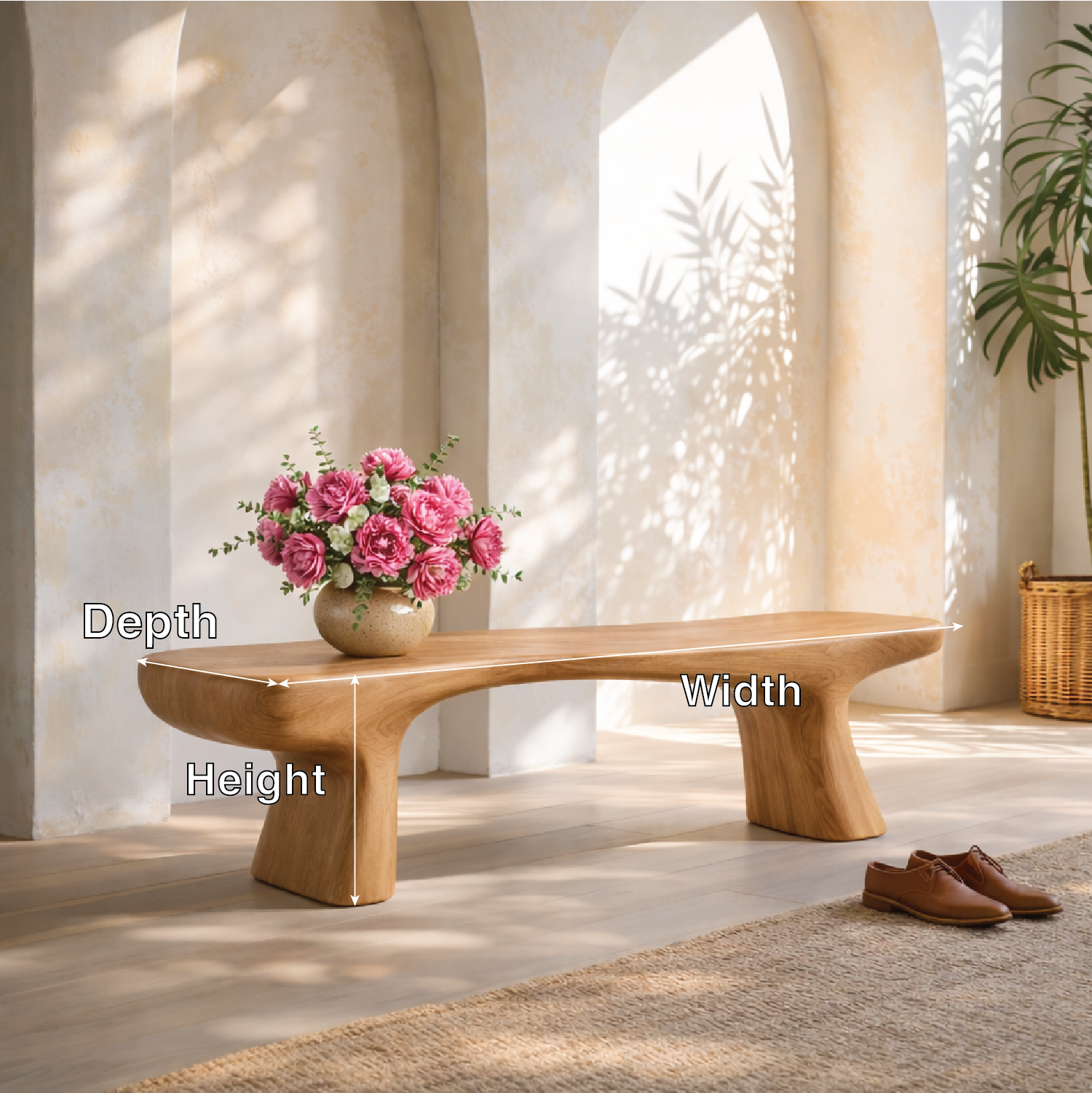 Modern Sculptural Black Wood Bench, Minimalist Statement Seating
