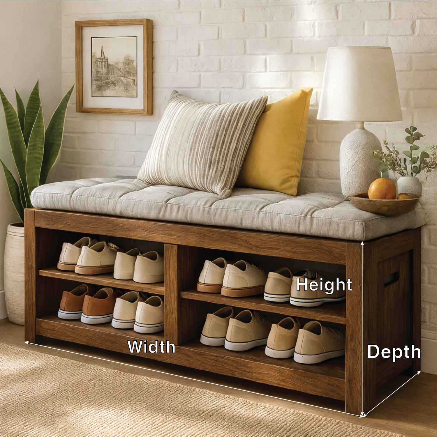 Solid Wood Entryway Bench with Shoe Storage Shelves, Rustic Hallway Organizer