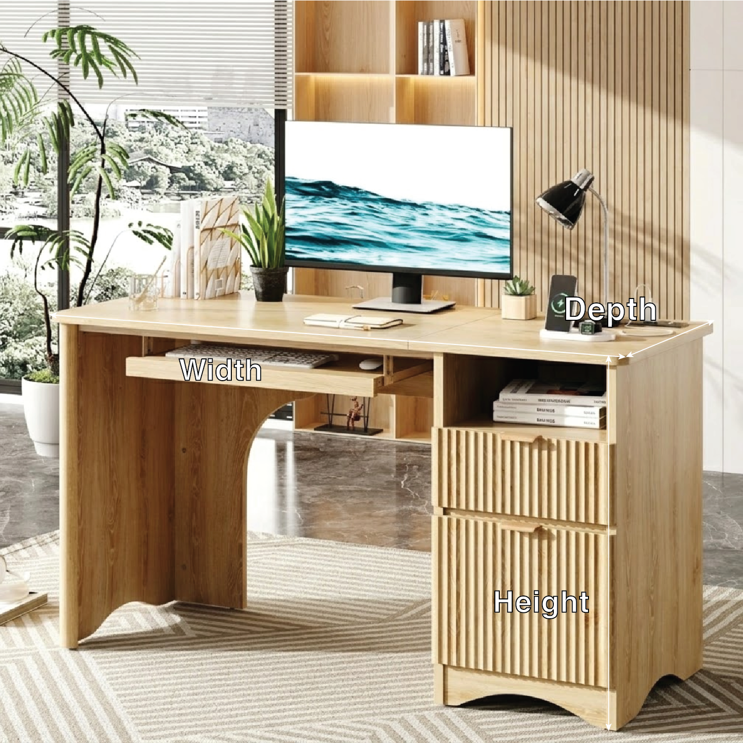 Modern Computer Desk with Drawers, Home Office Workstation, Writing Table with Storage Shelf