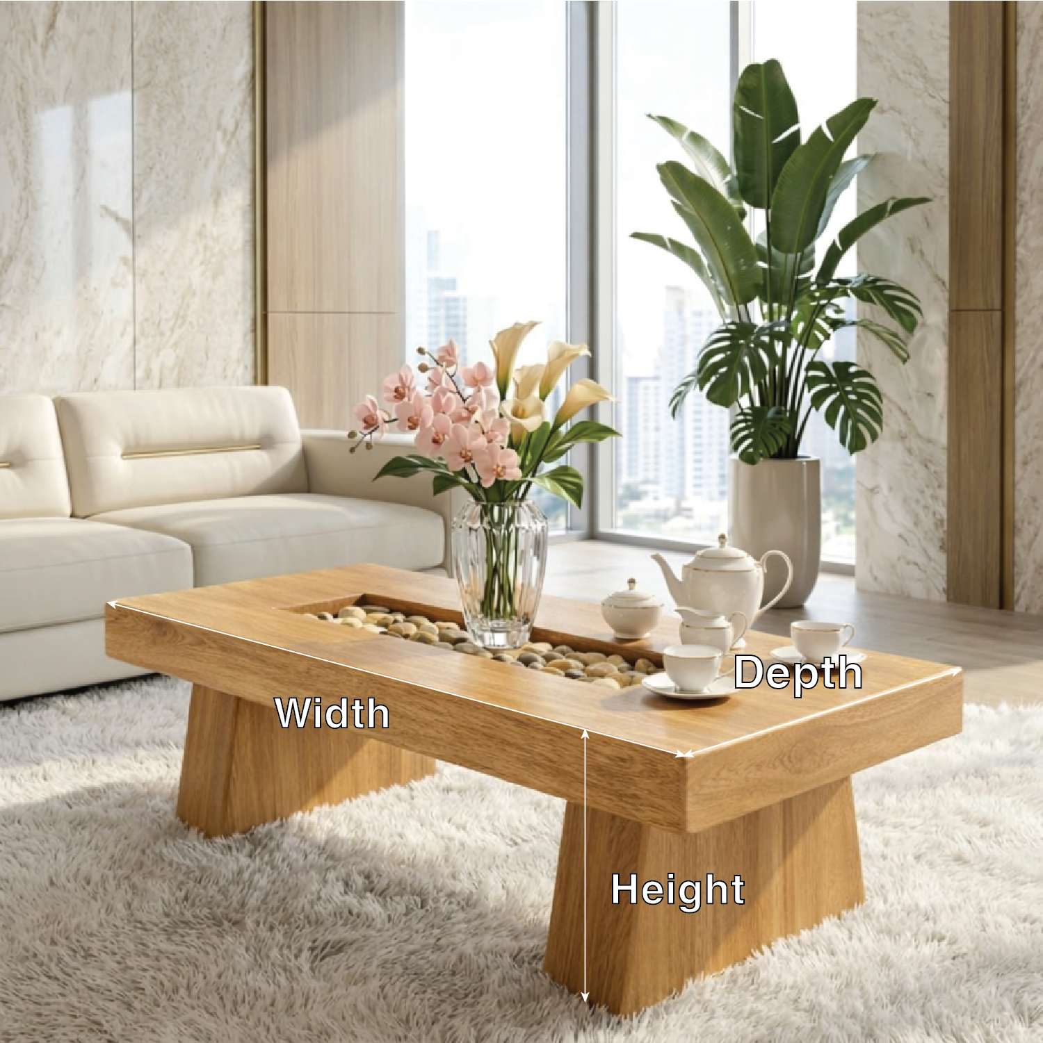 Rustic Wooden Coffee Table with Stone Inlay, Handmade Living Room Furniture