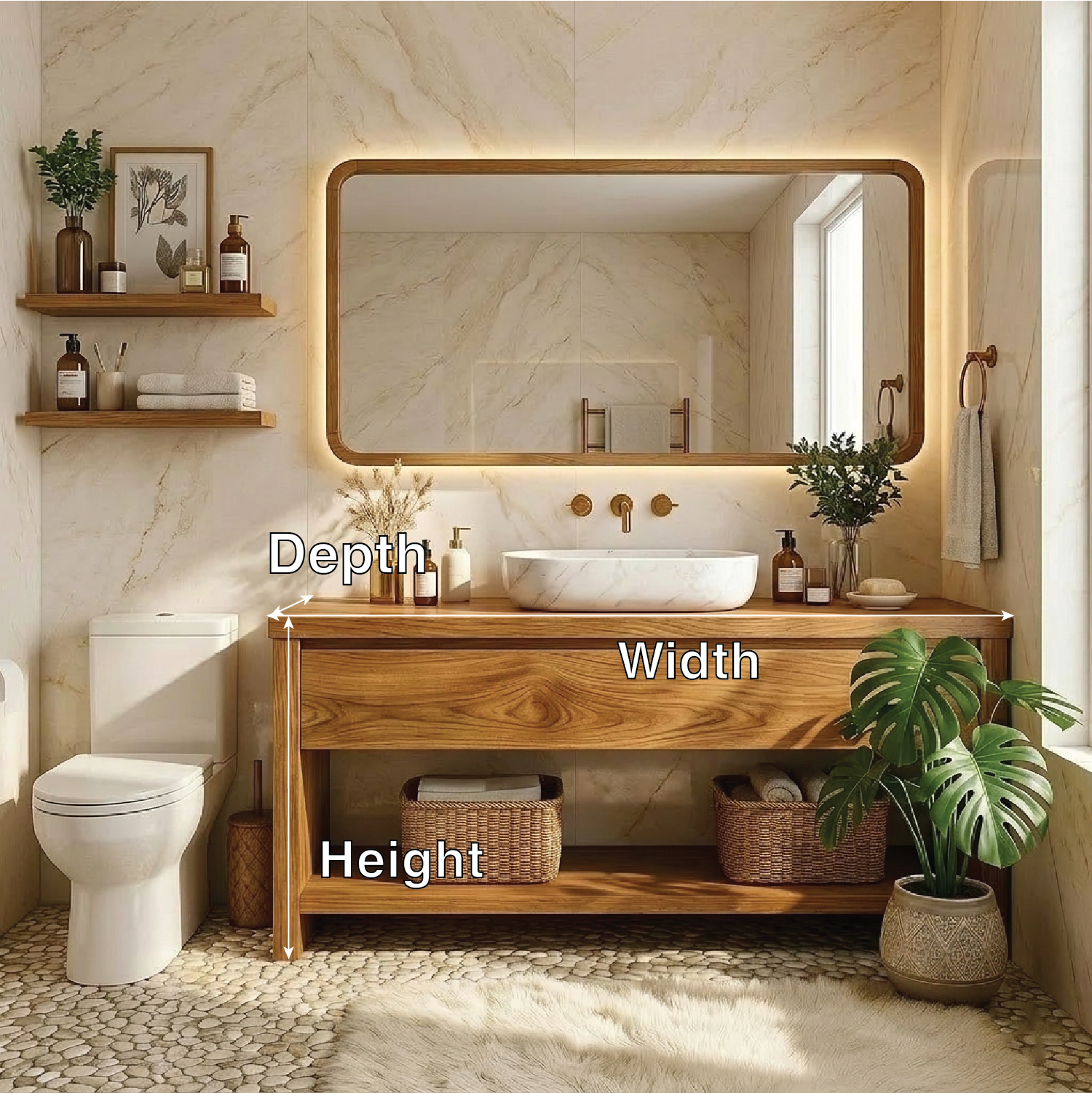 Elegant Oak Bathroom Vanity with Marble Sink & Open Shelves, Modern Design