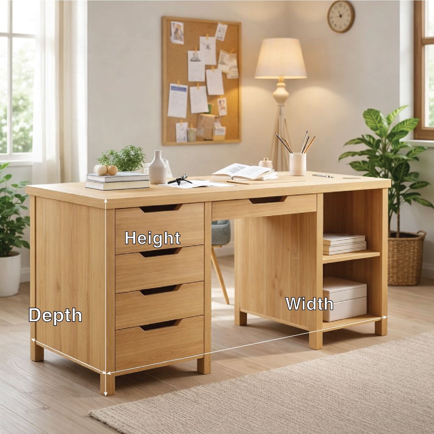 Solid Wood Handmade Work Desk with Drawers and Bookshelf Storage