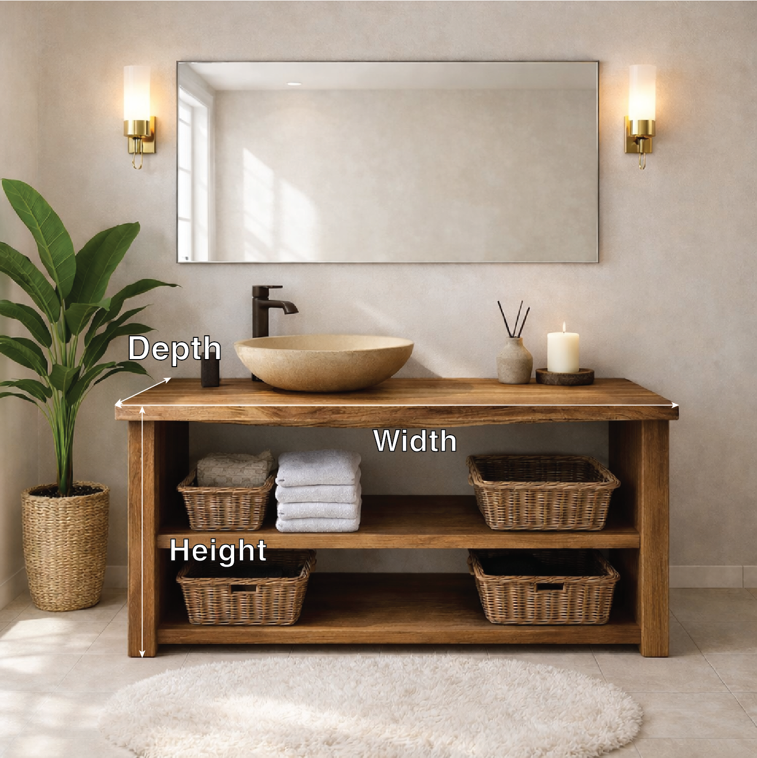 Rustic Wooden Bathroom Vanity with Open Shelves and Modern Faucet