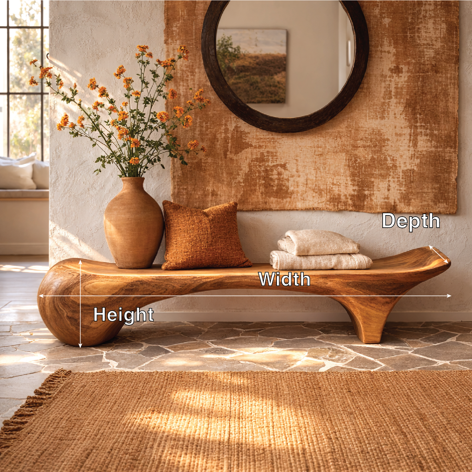 Sculptural Solid Wood Bench, Organic Modern Entryway Statement Seat