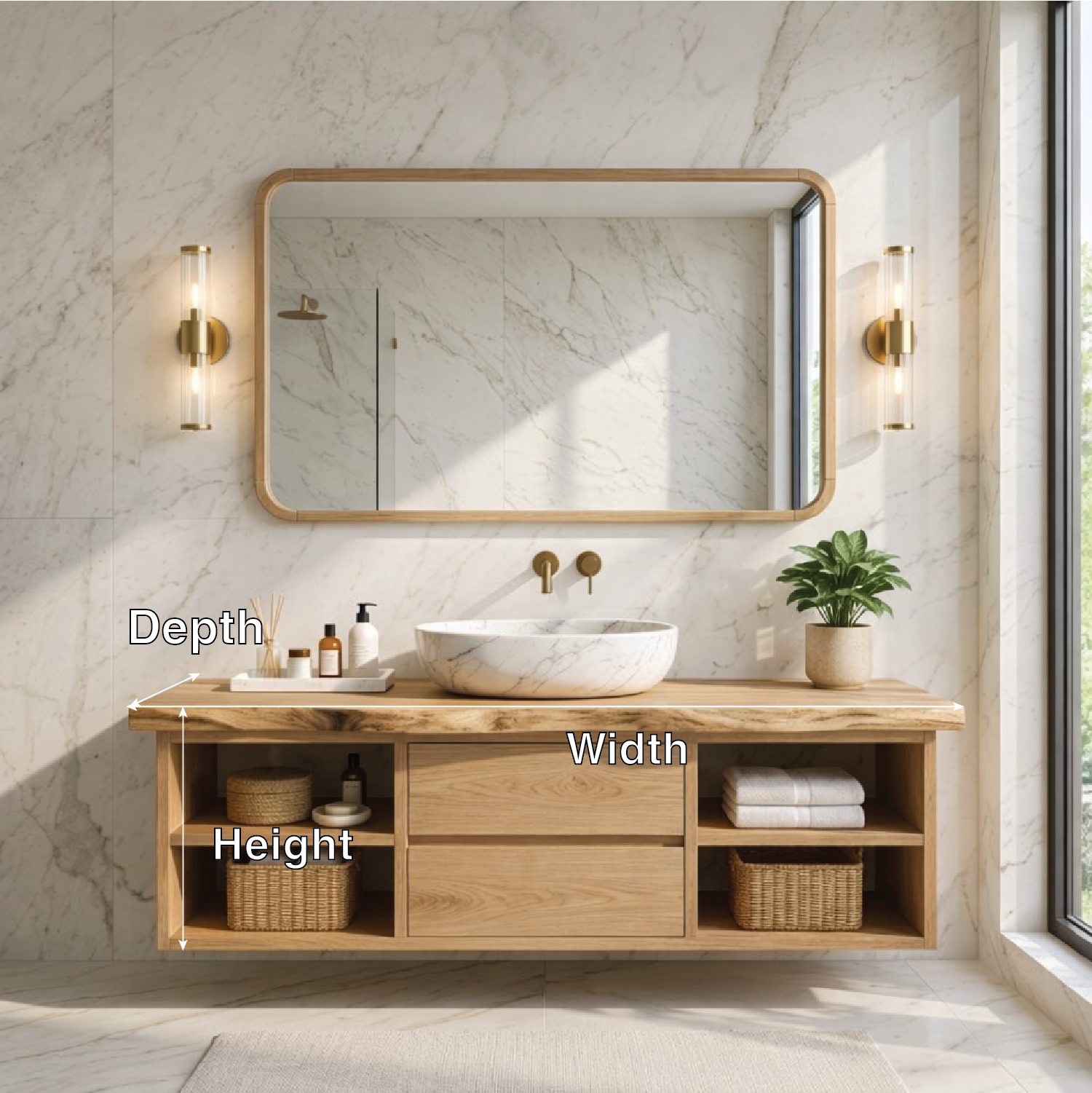 Floating Bathroom Vanity with Natural Wood and Modern Design, Spacious Storage